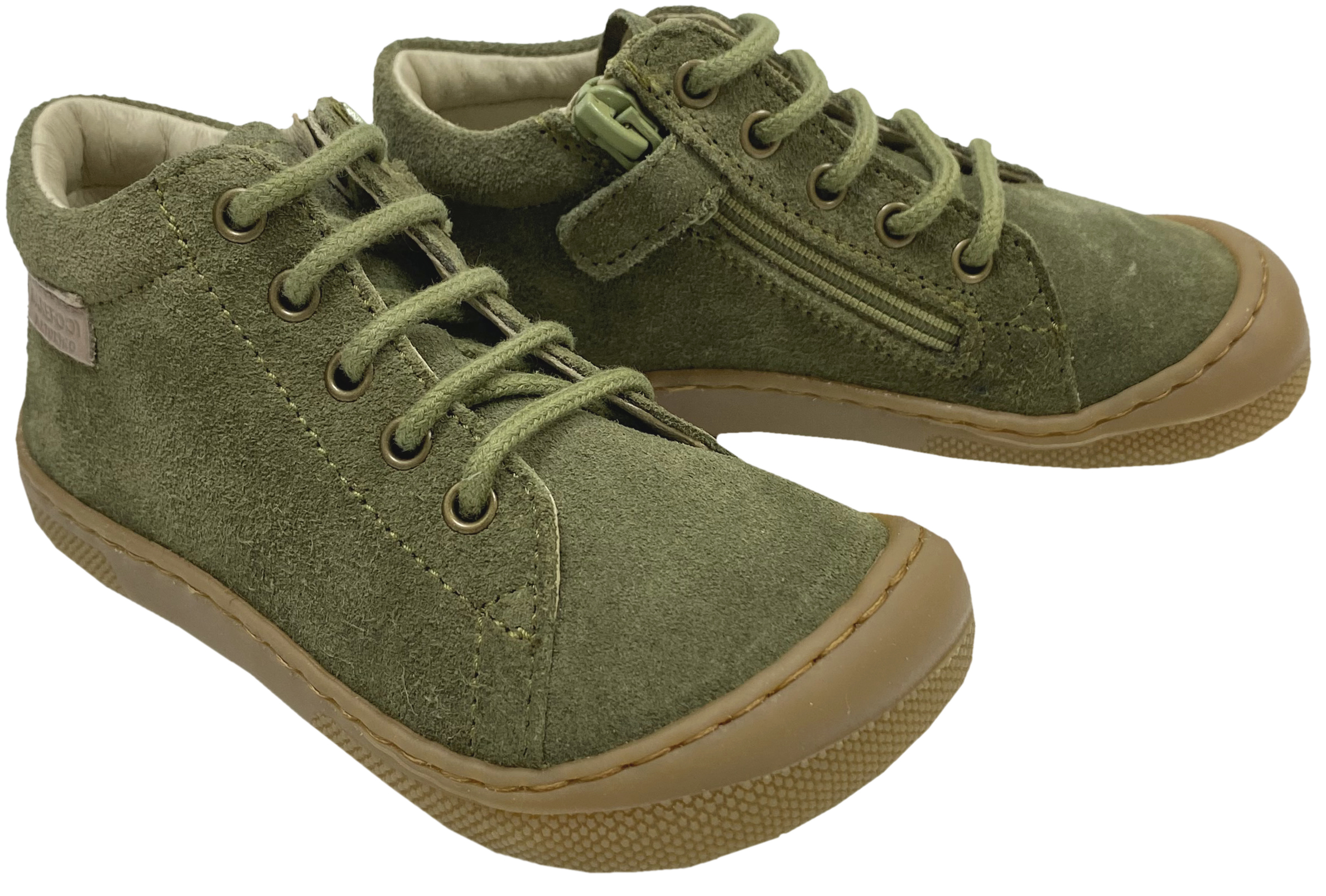 Knautschig weiche Barfußschuhe aus Leder, Schnürer + Zip NATURINO Barefoot *AMUR in Khaki Grün *
