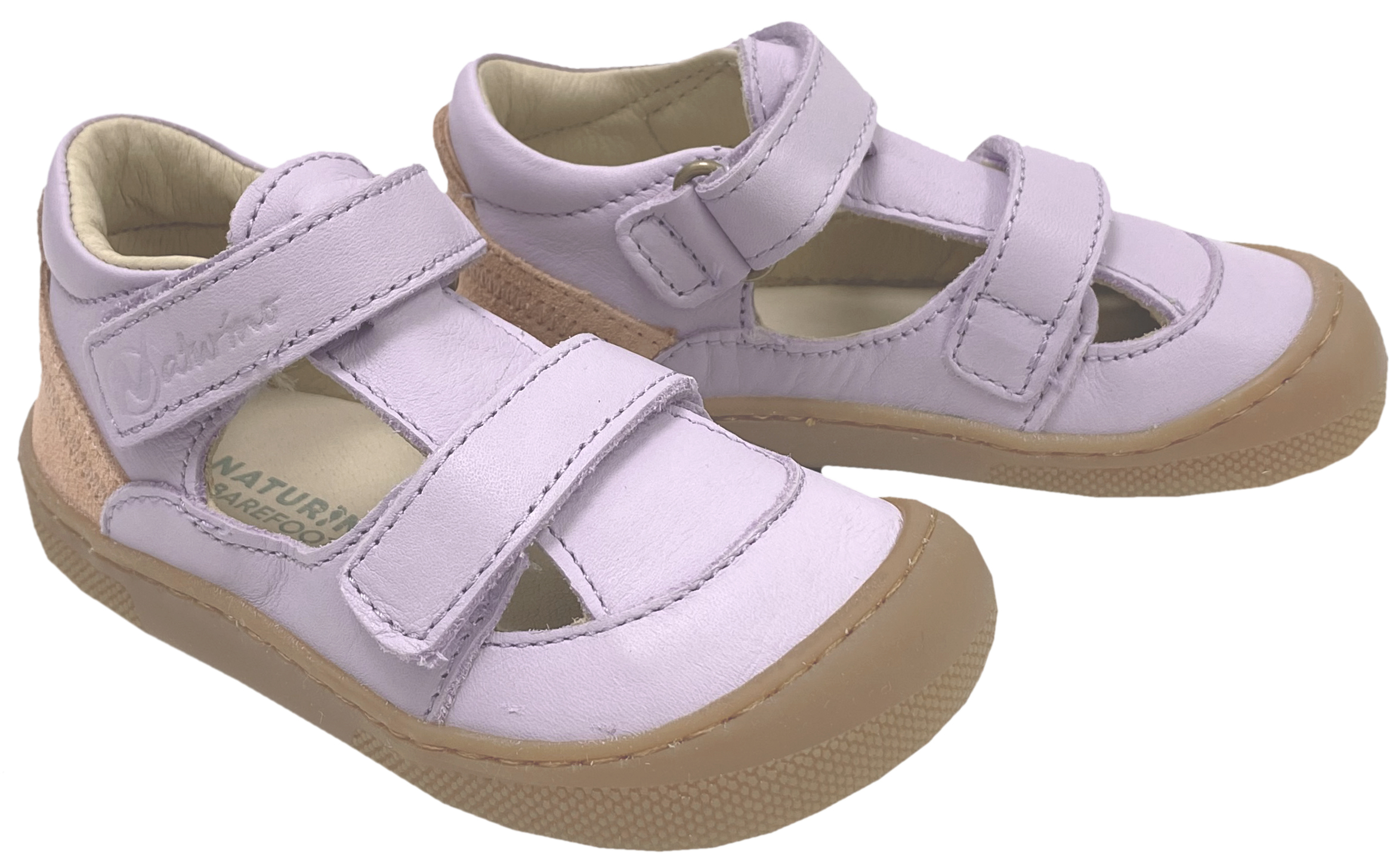 Halbsandale / Minimalschuhe aus Leder mit Doppelklett von NATURINO Barefoot "IRTYS" in Lilac- Soft Peach