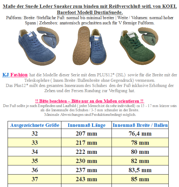 Barfuß Sneaker DUSTIN Suede Leder Khaki/Grün Schnürer + Reißverschluß von KOEL Barefoot 08M051.301