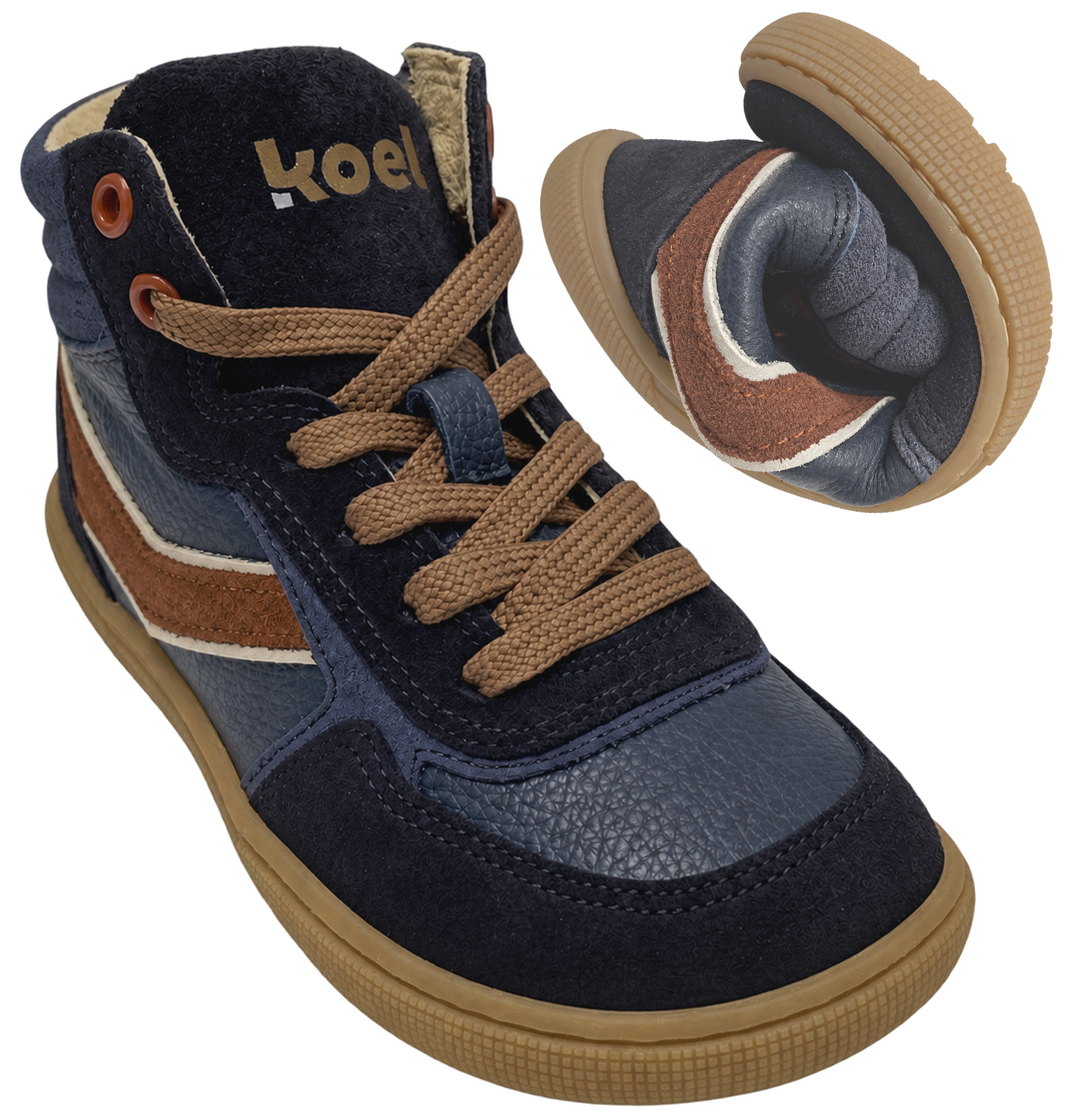 High Top Sneaker DANISH Classic KOEL Barefoot in Navy / Rostbraun Zipper & Schnürung 08M028.111