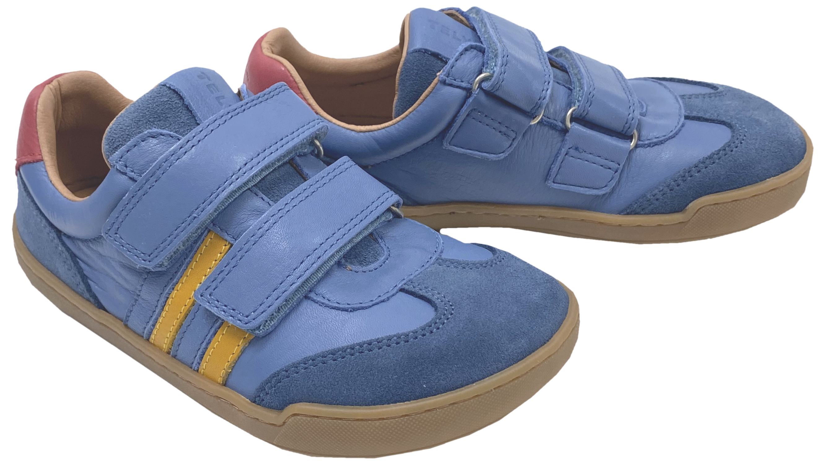 Leder Sneaker / Barfußschuhe + seitliche Zierstr. mit Doppelklett in Jeans / Rot / Gelb von TELYOH Barefoot / Runner