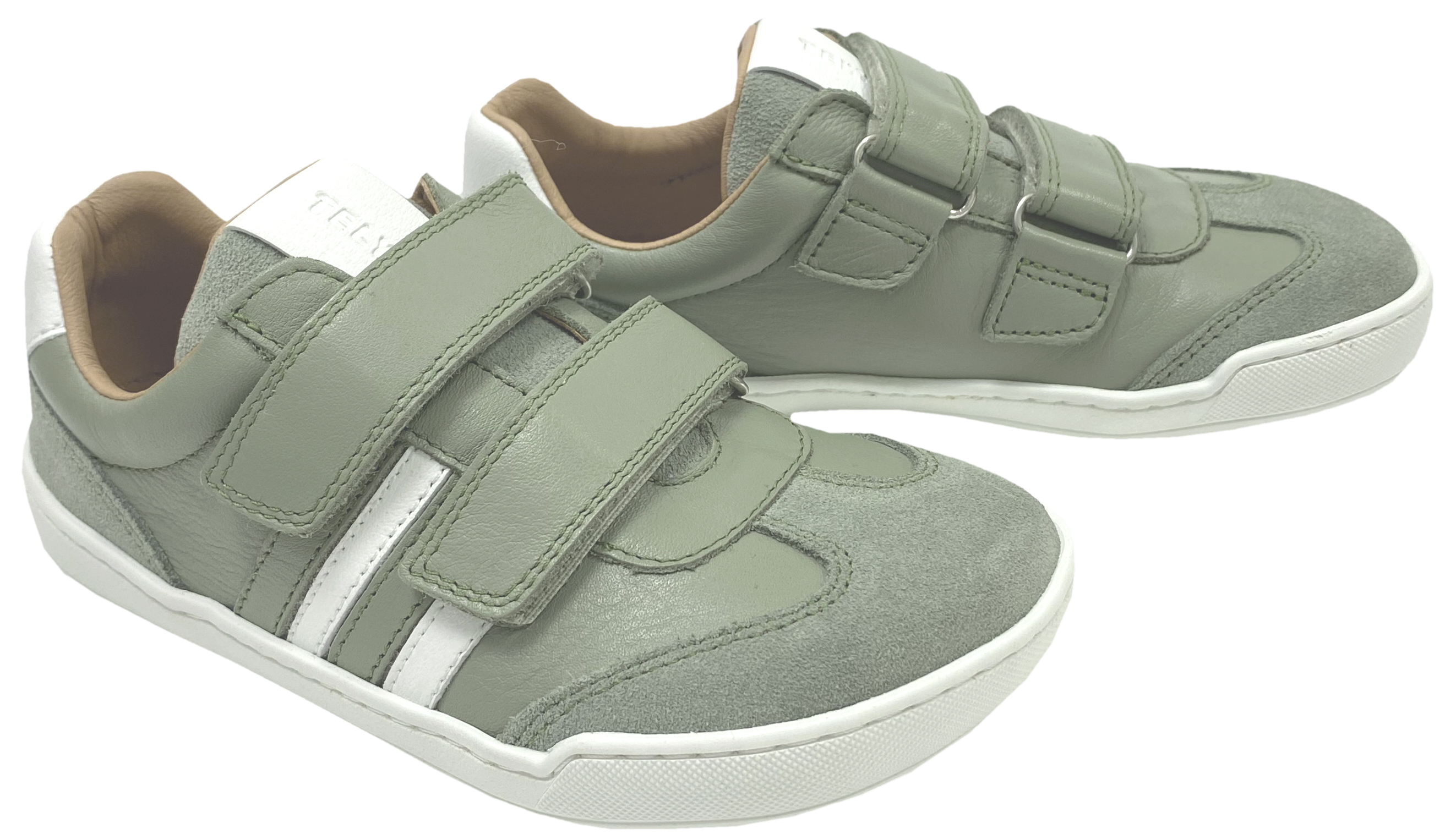 Leder Sneaker / Barfußschuhe + seitliche Zierstr. mit Doppelklett in Sage Grün / Weiß von TELYOH Barefoot / Runner