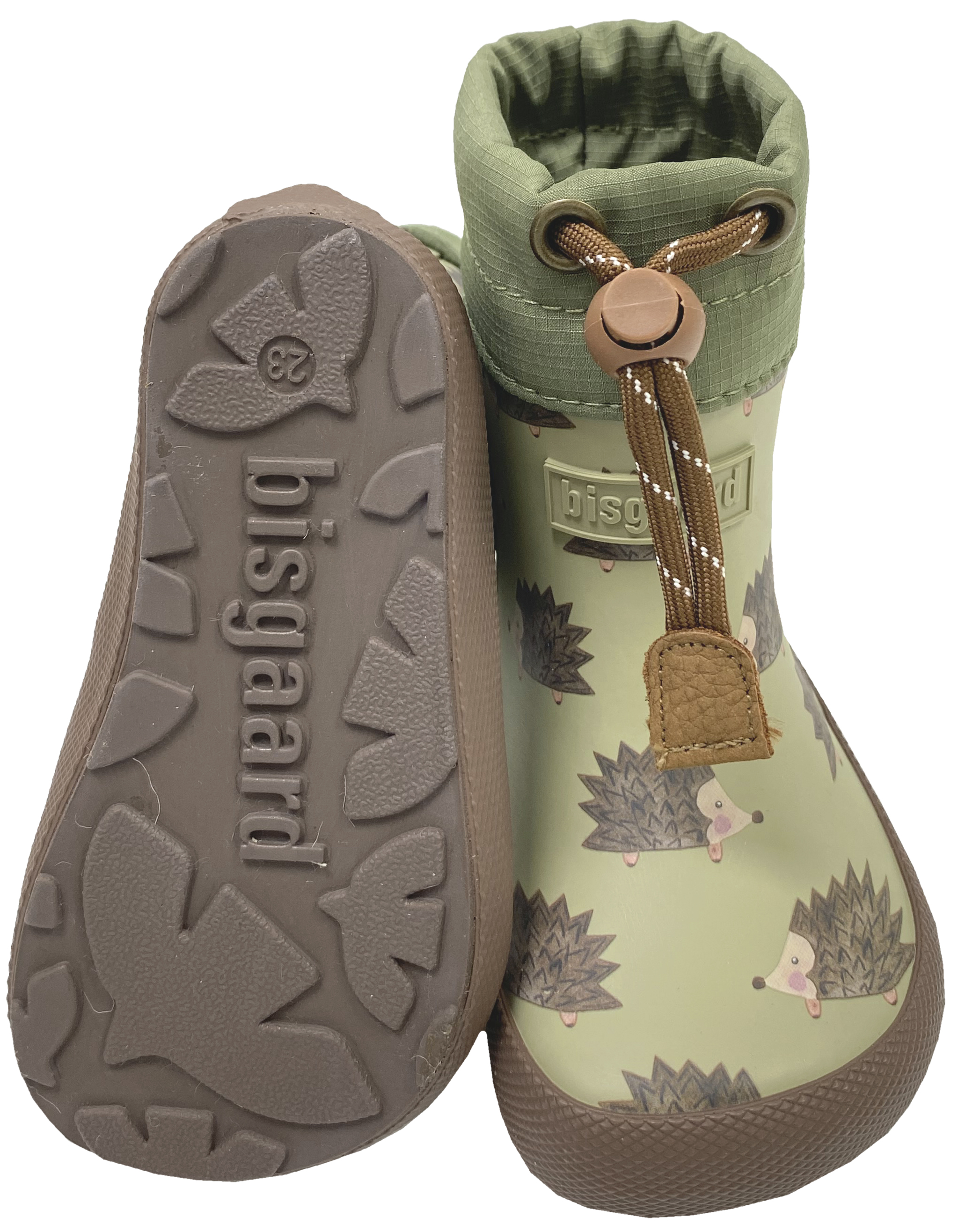 Kurze Thermo Barfuß Gummistiefel Winterfutter von BISGAARD in Grün mit Igel AOP 92023