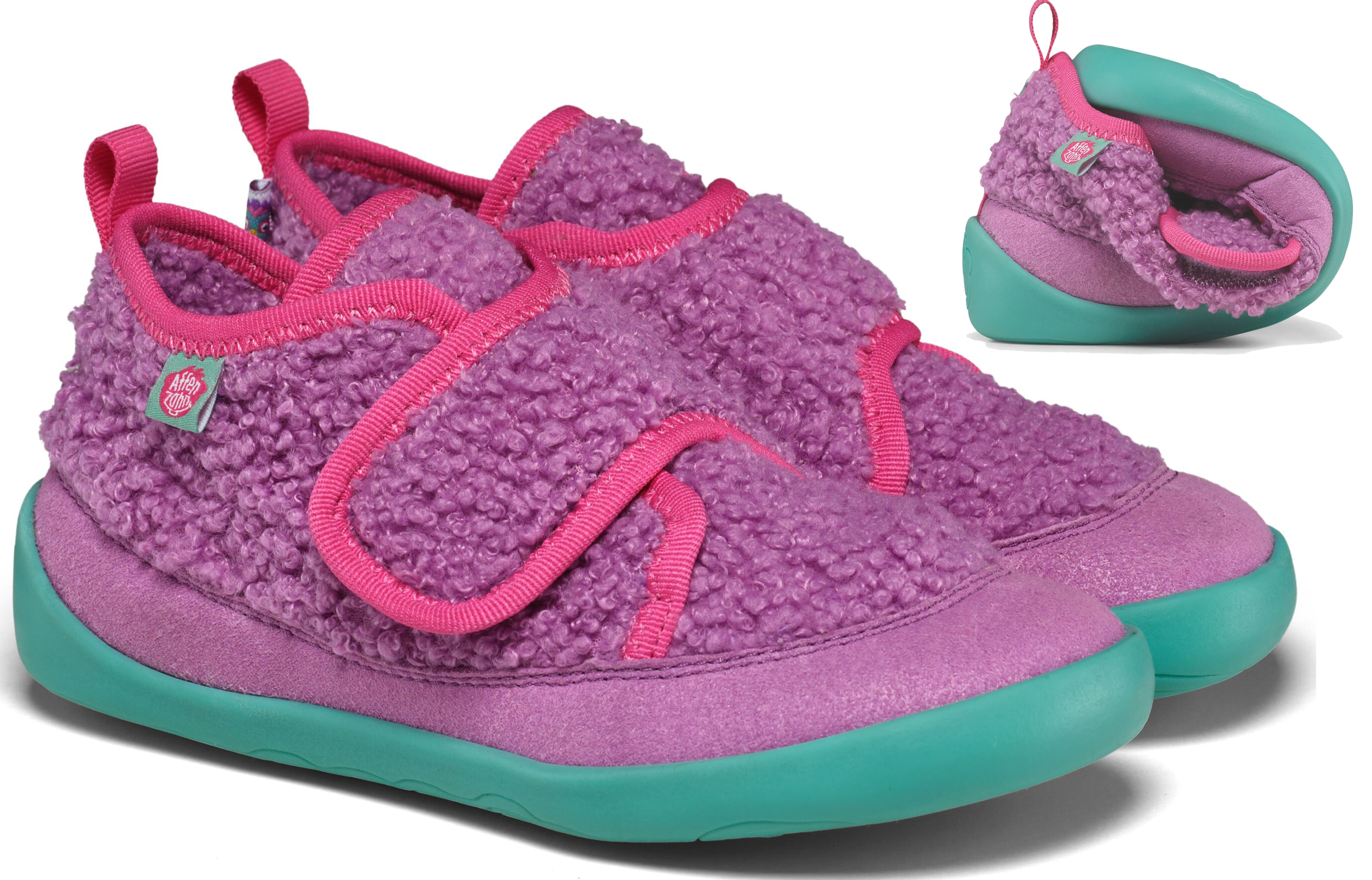 Veganer Hausschuh / Minimalschuhe aus recyceltem Fleece von AFFENZAHN * Eule in Lila / Pink *