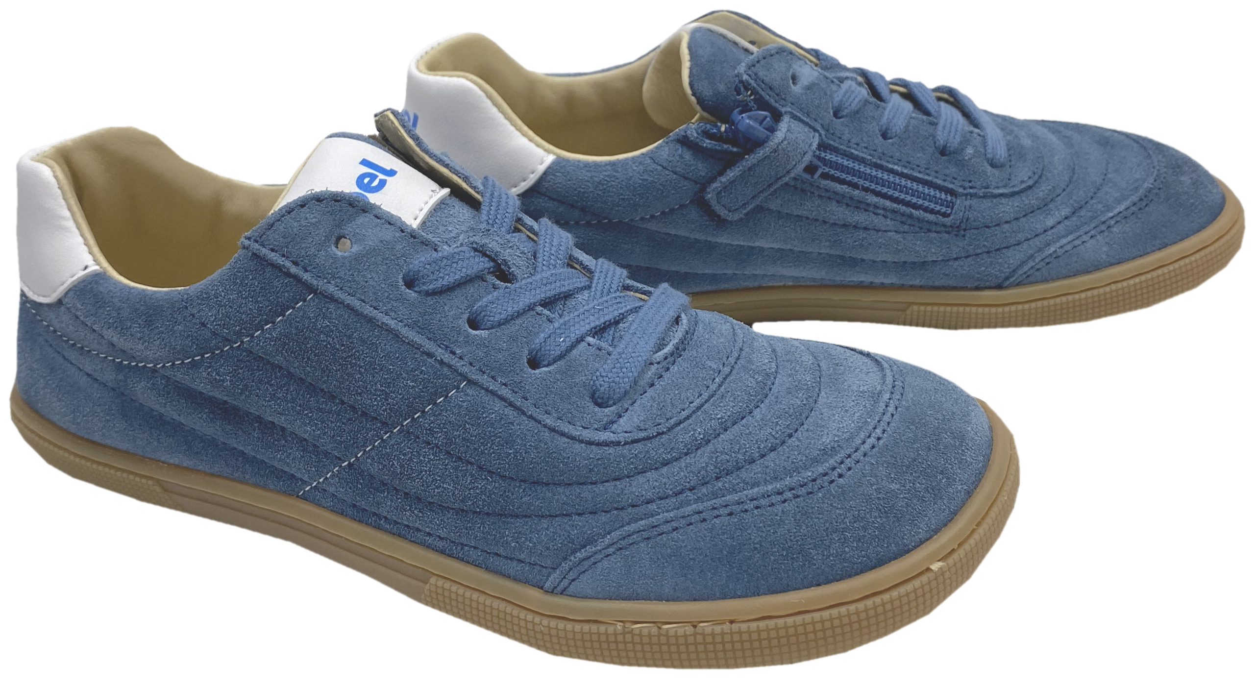Barfuß Sneaker DUSTIN Suede Leder Jeansblau Schnürer + Reißverschluß von KOEL Barefoot 08M051.301