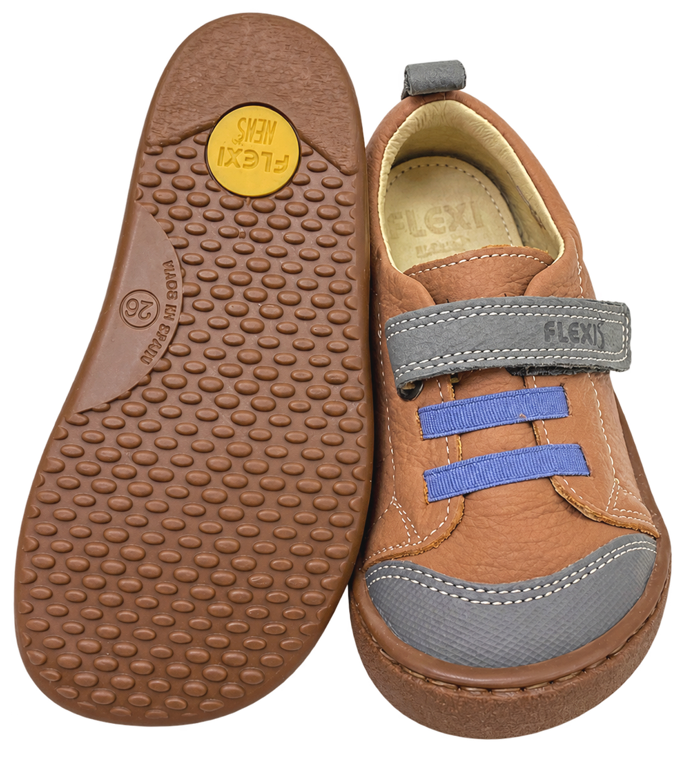 Leder Sneaker / Barfußschuhe von FLEXI NENS in Altrose Caramell / Jeansblau mit Klett & Zierschnürung 9005-R