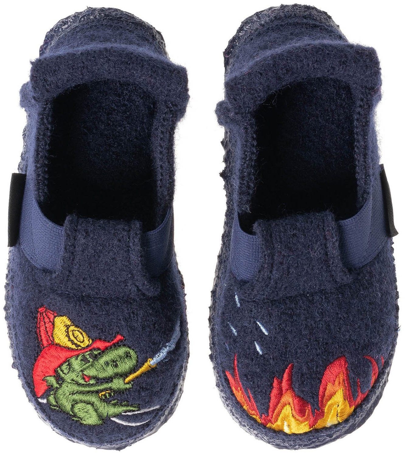 Hausschuhe zum schlüpfen aus Wolle + Kautschuk Sohle in DKL Blau Feuerwehr Drache von NANGA