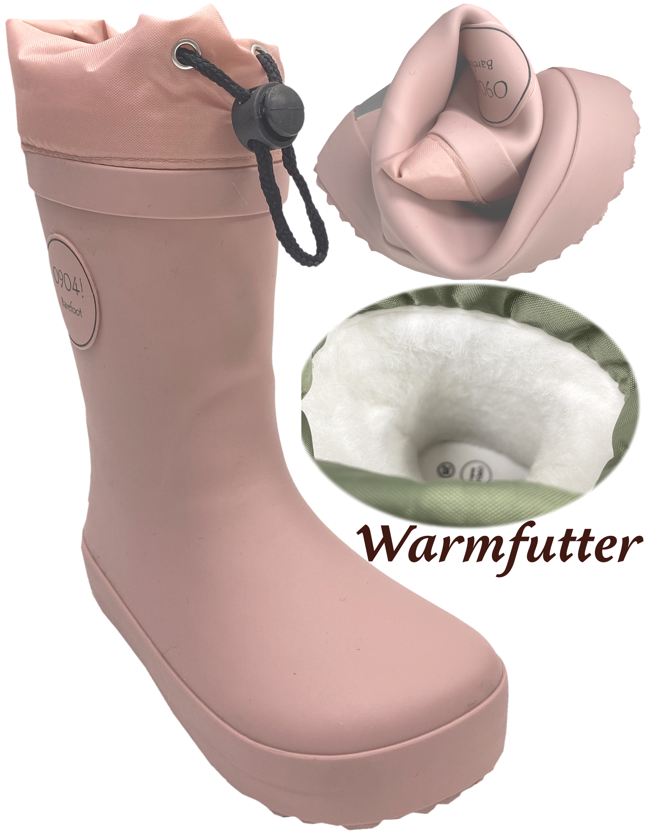 Barfuß Gummistiefel Naturkautschuk in ROSE * Mittelschaft, Stulpe & Warmfutter * 0904! Barefoot