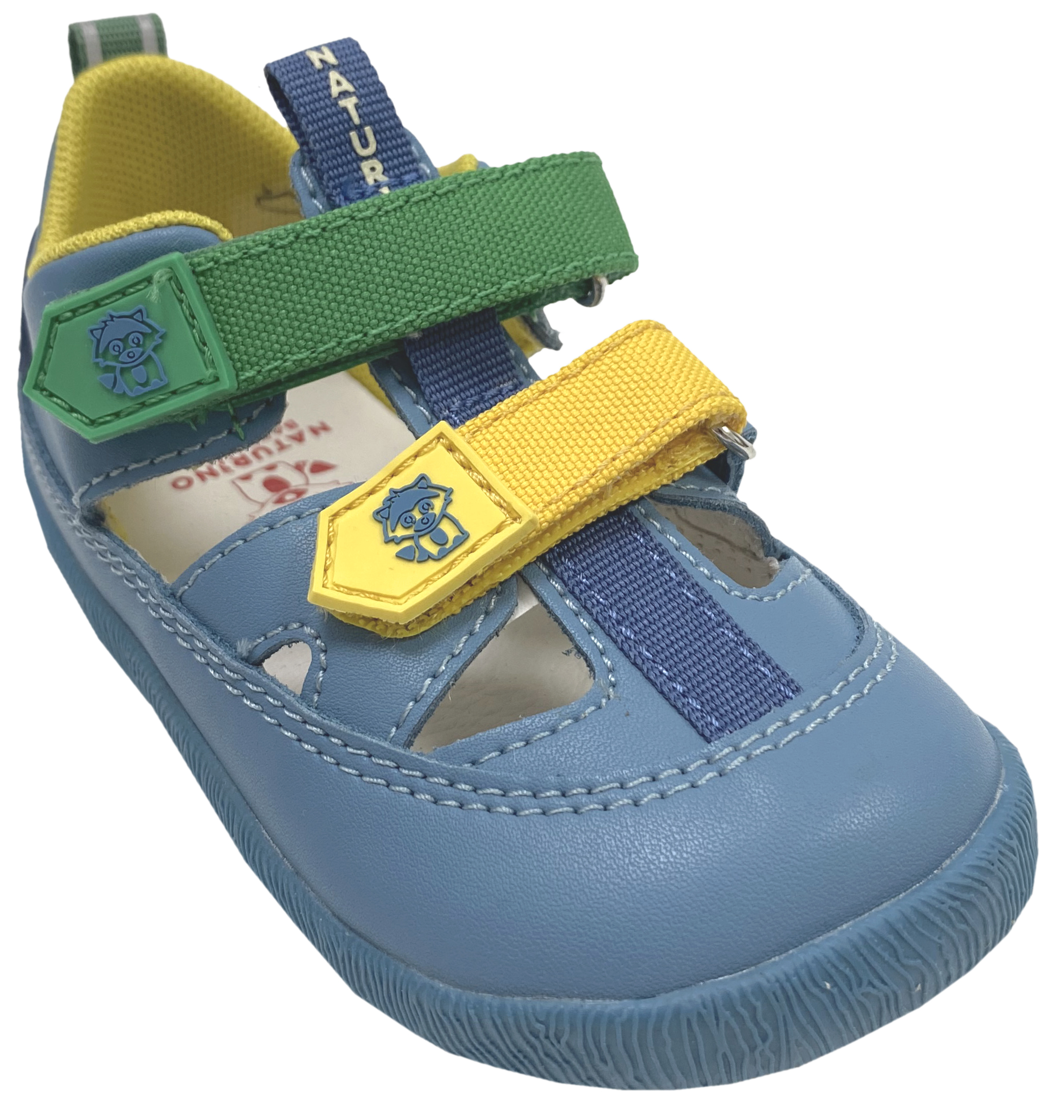Leder Halbsandale / Barfußschuhe von NATURINO Barefoot Modell GIOMMY in Mare / Jeansblau / Gelb / Grün