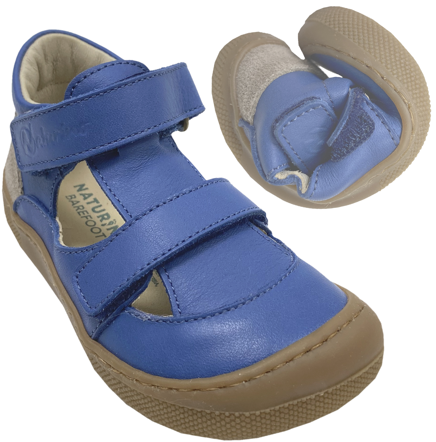 Halbsandale / Minimalschuhe aus Leder mit Doppelklett von NATURINO Barefoot "IRTYS" in Azure Taupe