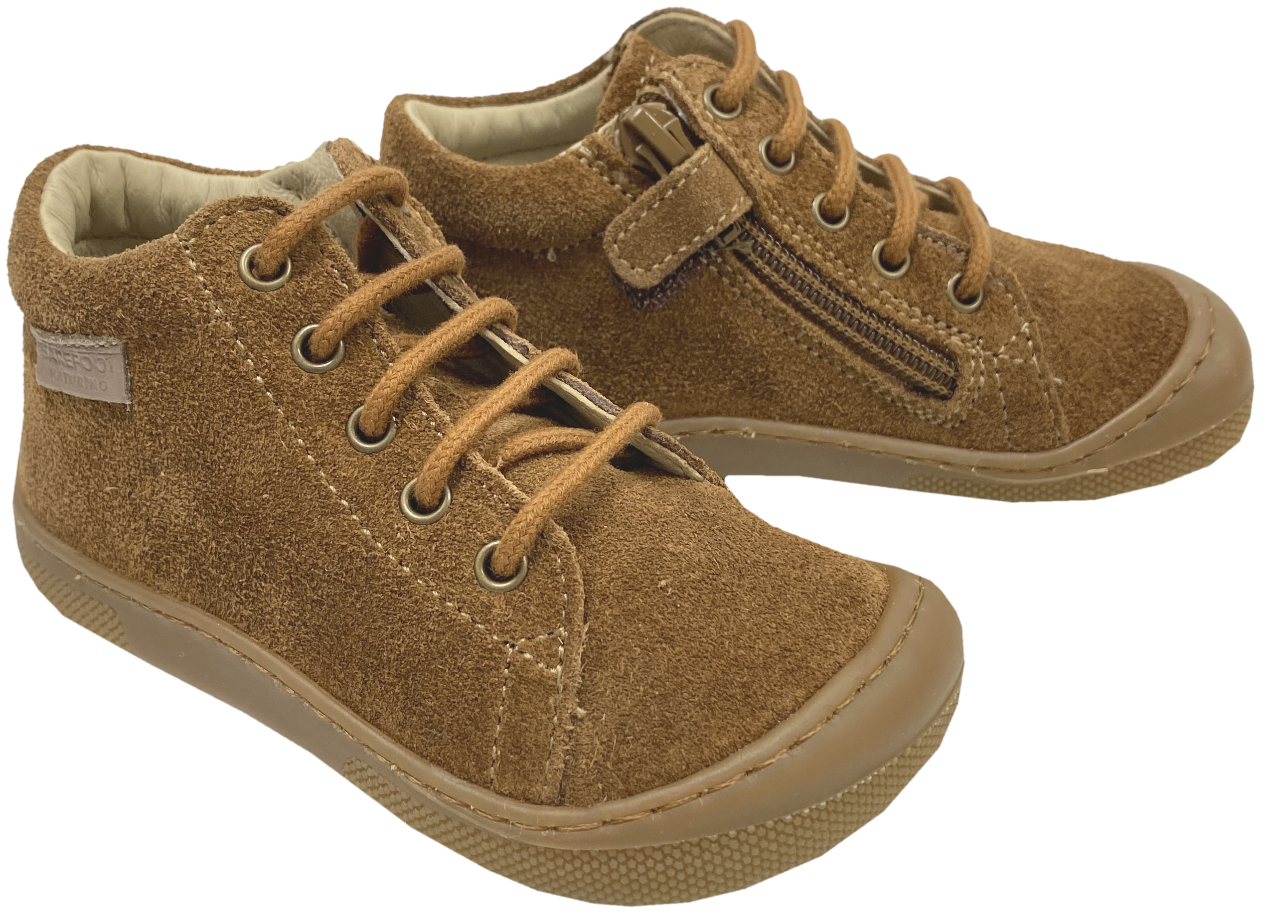 Knautschig weiche Barfußschuhe aus Leder, Schnürer + Zip NATURINO Barefoot *AMUR in Braun *
