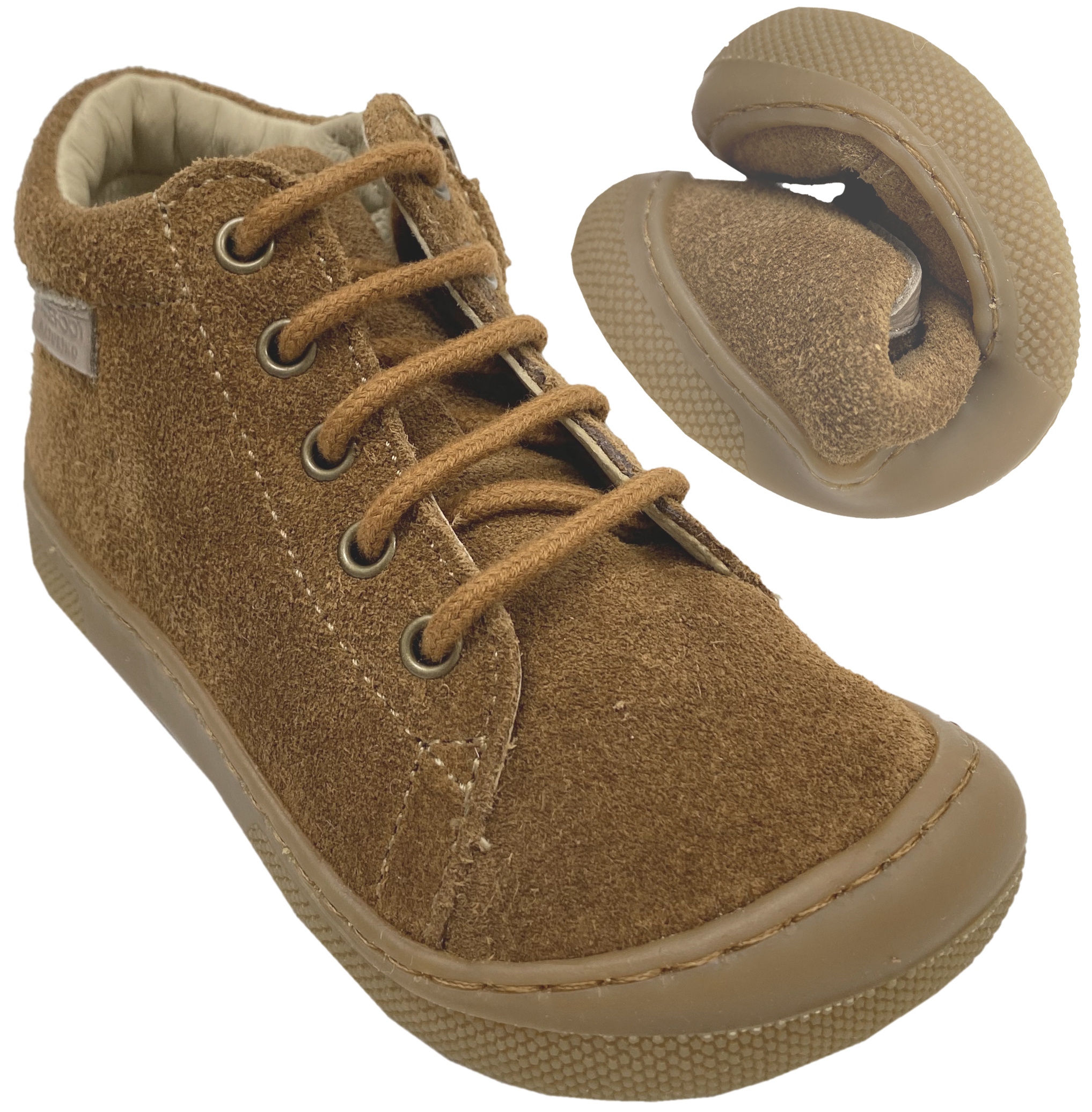 Knautschig weiche Barfußschuhe aus Leder, Schnürer + Zip NATURINO Barefoot *AMUR in Braun *