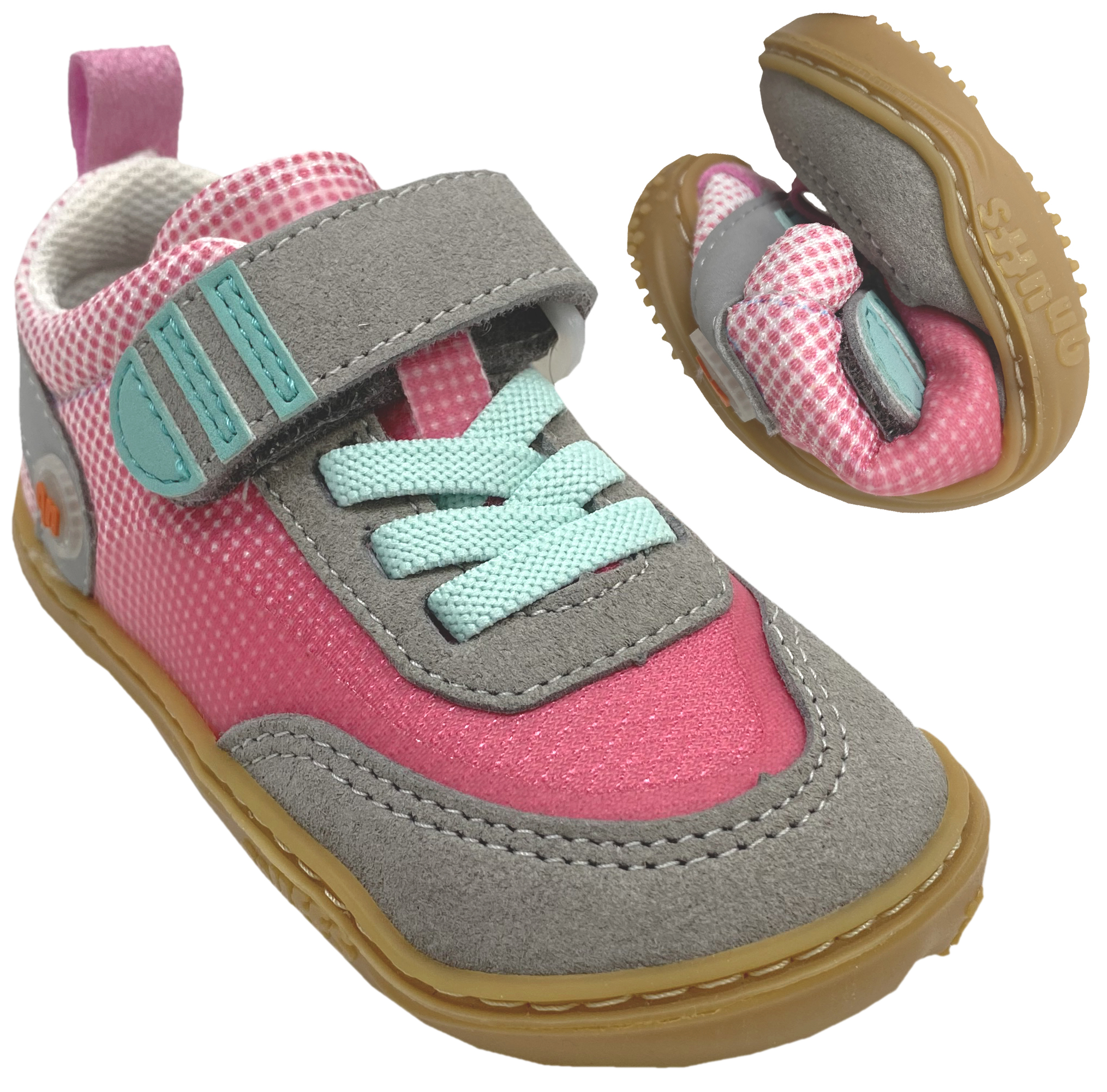 Vegane Barfuß Sneaker mit Klett & Zierschnürung von QNUFFS by Ricosta  *Fichte* in Hellgrau / Pink