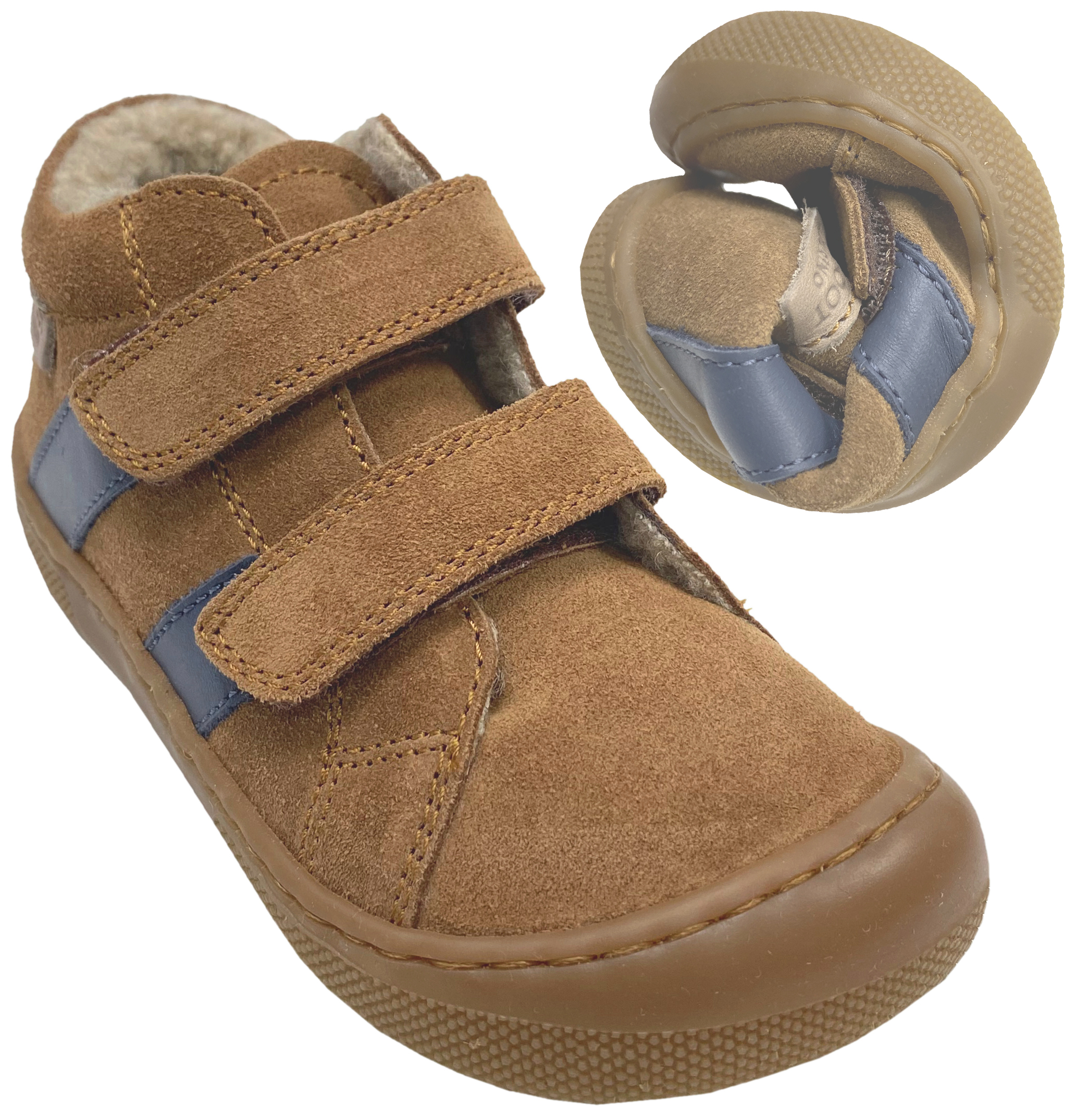Barfußschuhe aus Wildleder + Zierstreifen mit Schurwollfutter SABBY in Brown / Indigo von NATURINO