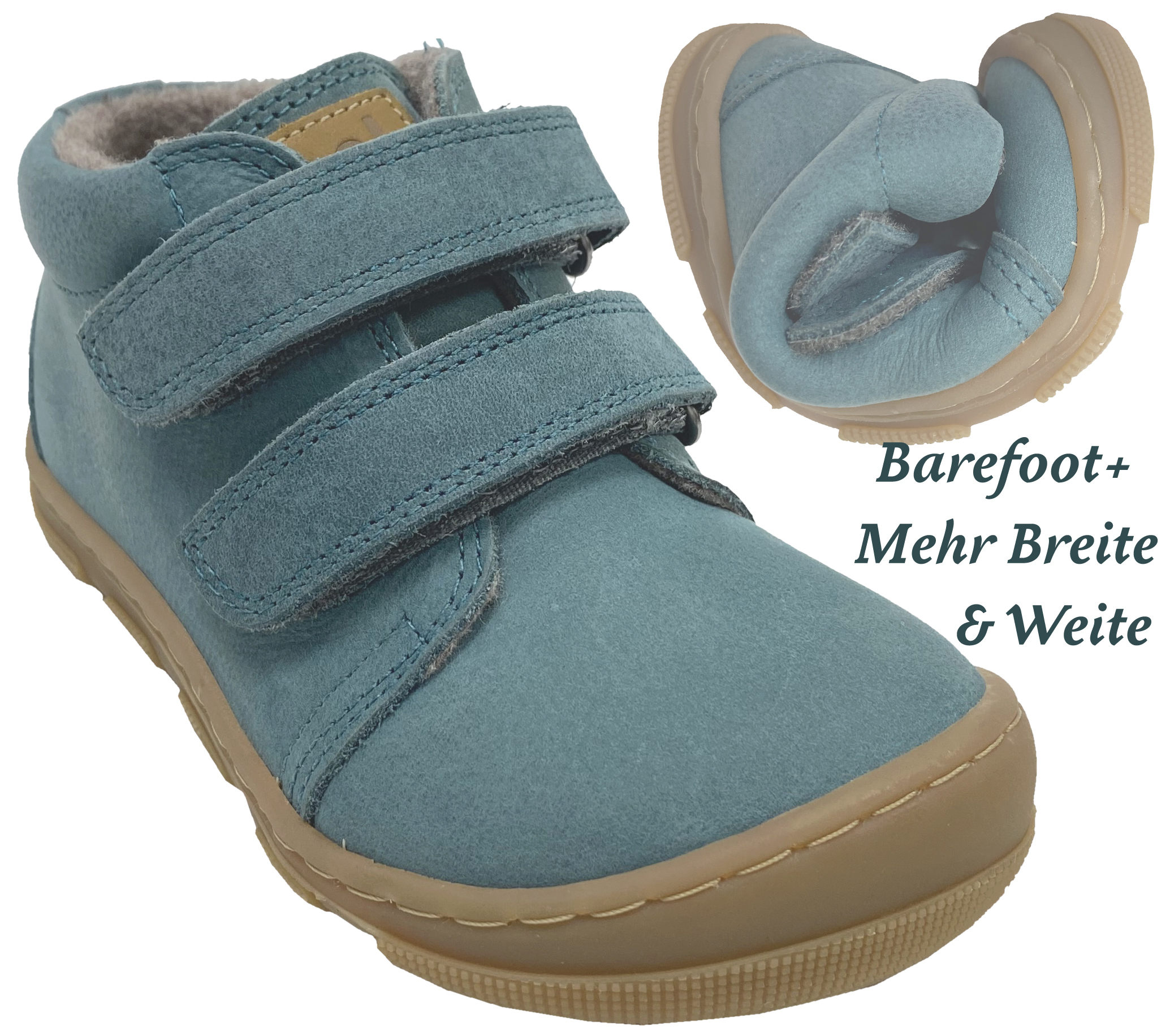 Barfußschuhe *KARI Wool Extra Wide* v. KOEL Hydro Leder+Wollfleece Futter TÜRKIS 15W002.233