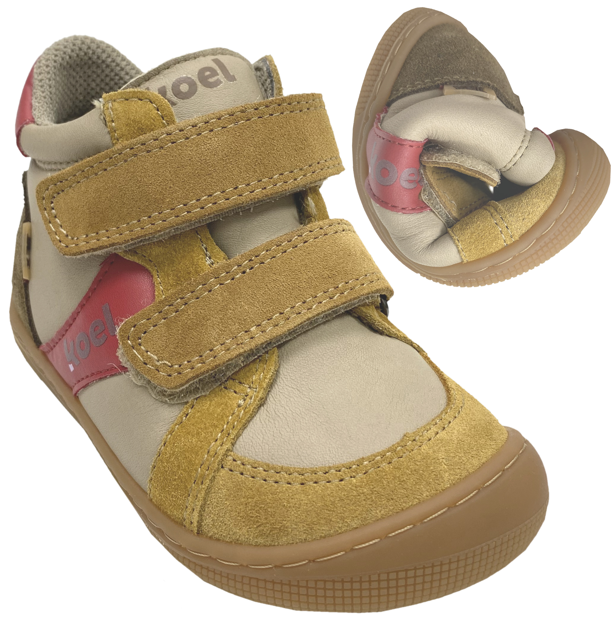 Mid Top Leder Barfußschuhe, BW Inlay & TEX v. KOEL * Dari Cotton * in Taupe / Rot  07T046.12K