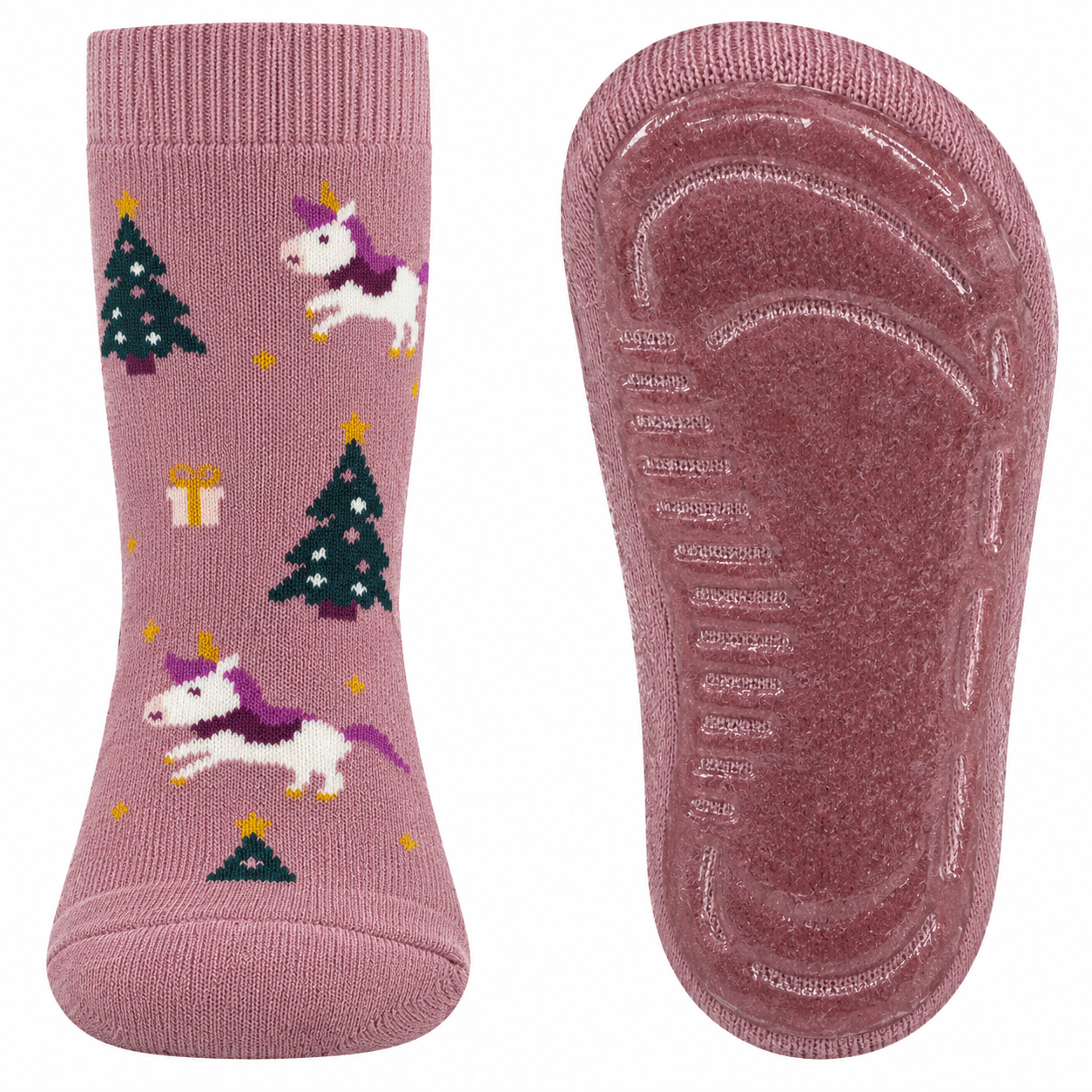 Stoppersocken aus BW Vollfrottee Softstep Sohle v. EWERS in Mauve mit Einhorn 221428