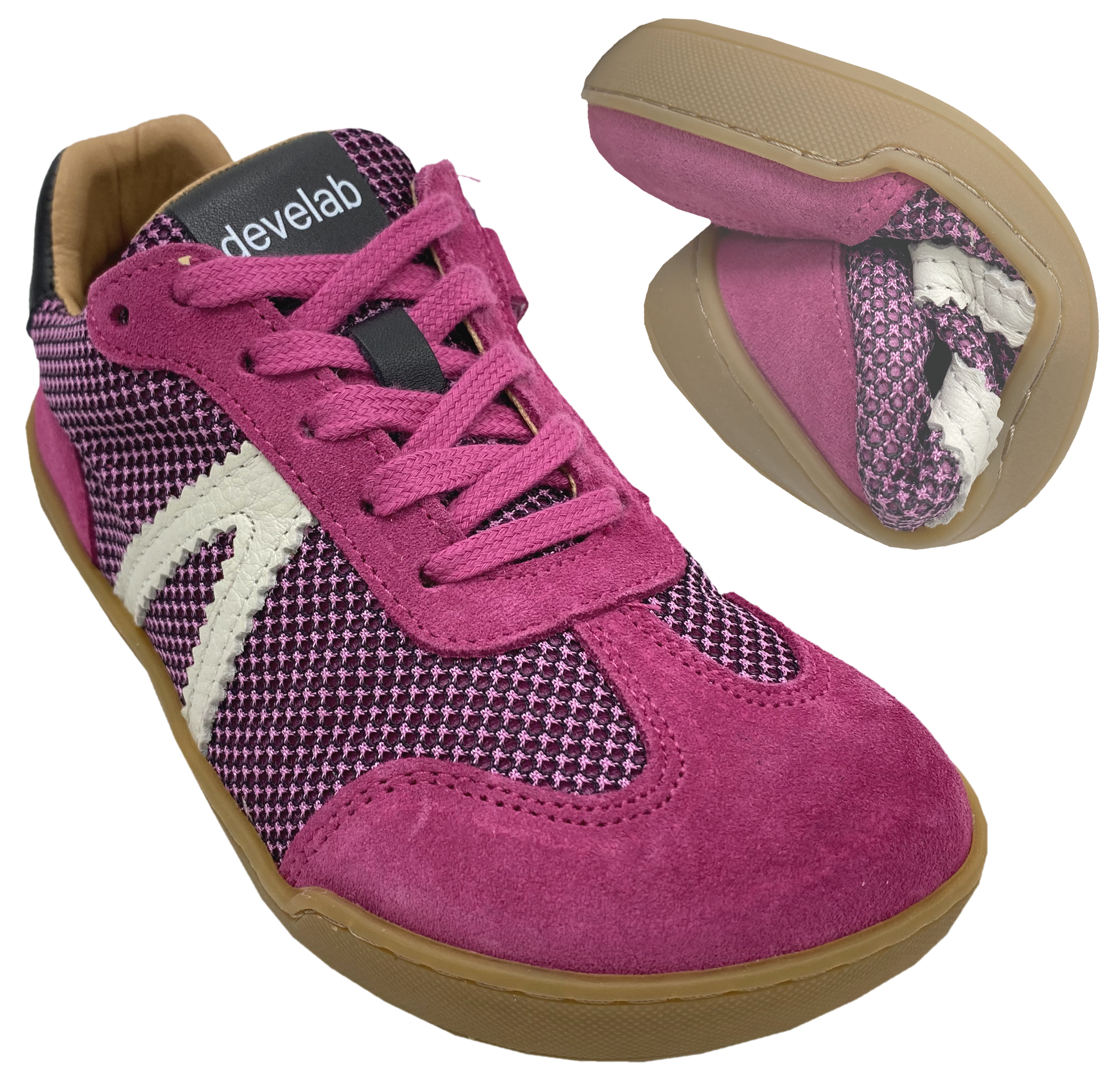 Trendige Leder + Mesh Barfuß Sneaker Zipper & Schnürung von DEVELAB 43041 in Fuchsia / Pink