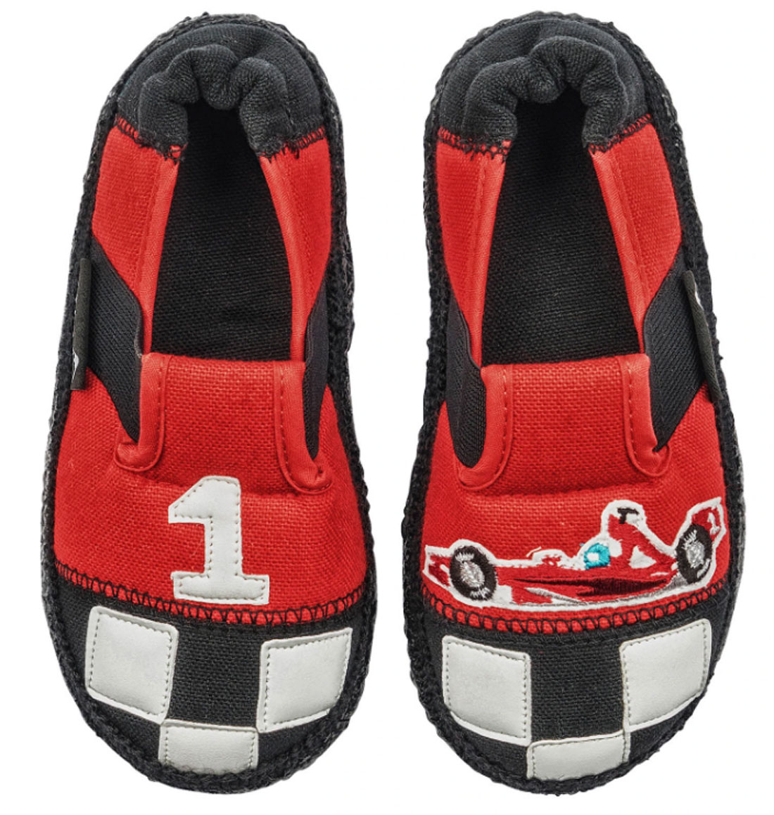 Flexible, bequeme BW Hausschuhe v. NANGA, Naturgummi Sohle in Rot / Schwarz RENNFAHRER