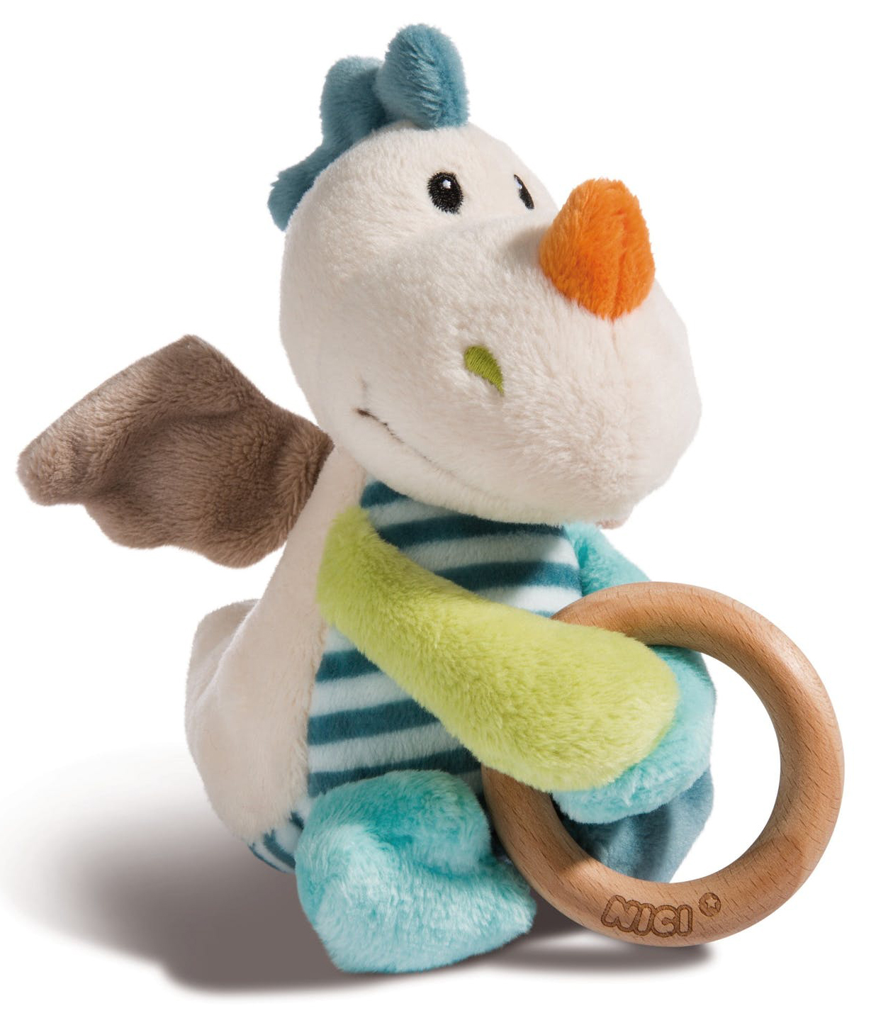 Plüschtier / Greifling mit Rasselkopf - Drache - in Petrol / Beige mit Holzring von NICI  43705