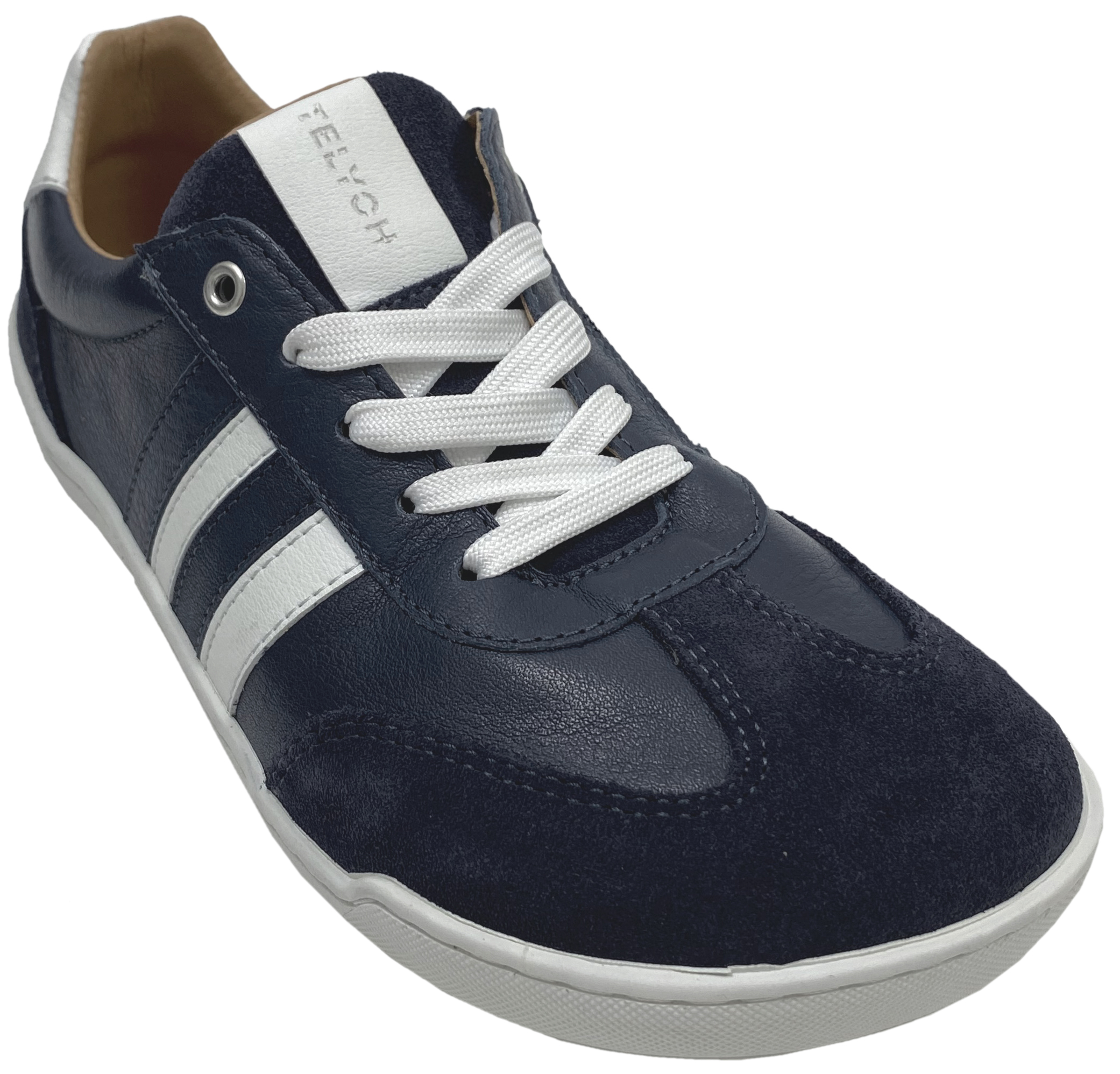 Leder Sneaker / Barfußschuhe + seitliche Zierstr. Schnürer & Zipper in DKL Blue / Weiß von TELYOH Barefoot / Runner