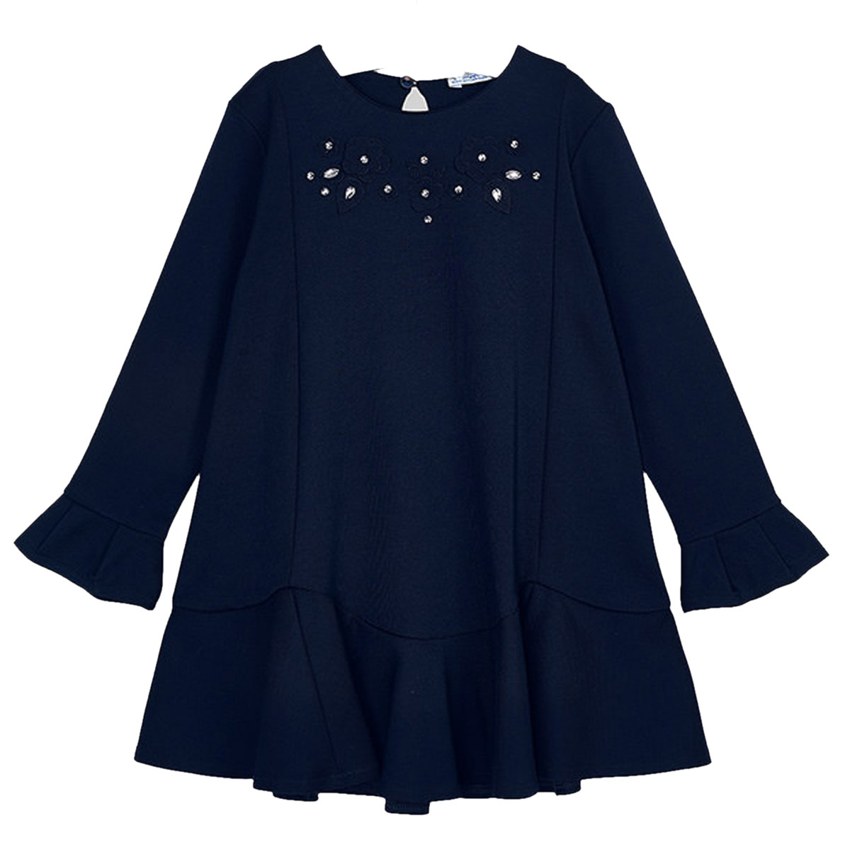 Festlich schickes Kleid in dunklem Marine Blau mit Blüten bestickt,  Volantbesatz von MAYORAL 4976