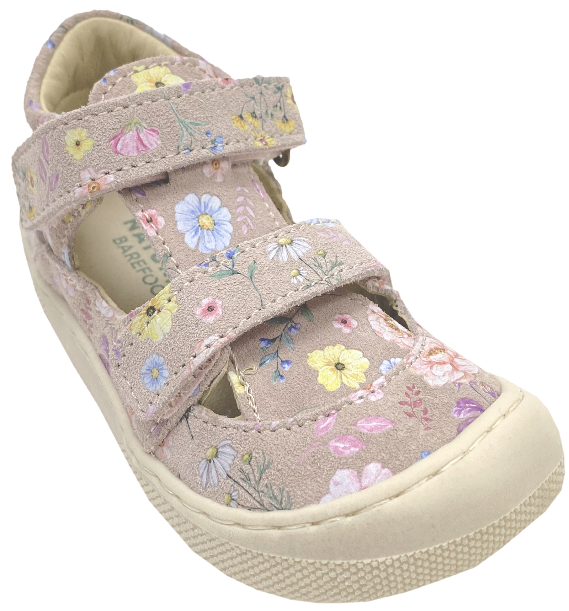 Halbsandale / Minimalschuhe aus Leder mit Doppelklett von NATURINO Barefoot "IRTYS" in Cipria AOP Flower