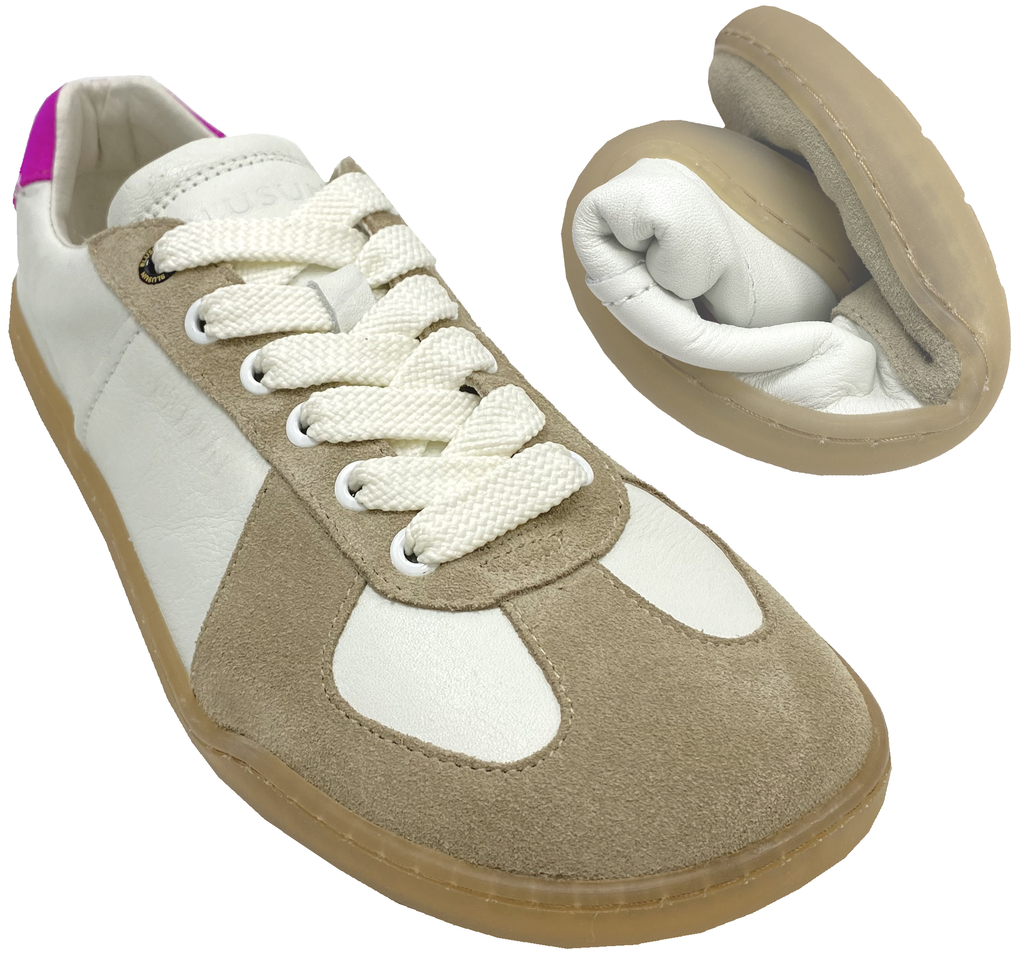 Sneaker / Barfußschuhe in Weiß /Beige mit Pinker Ferse von BLUSUN aus Leder BLSN-200W
