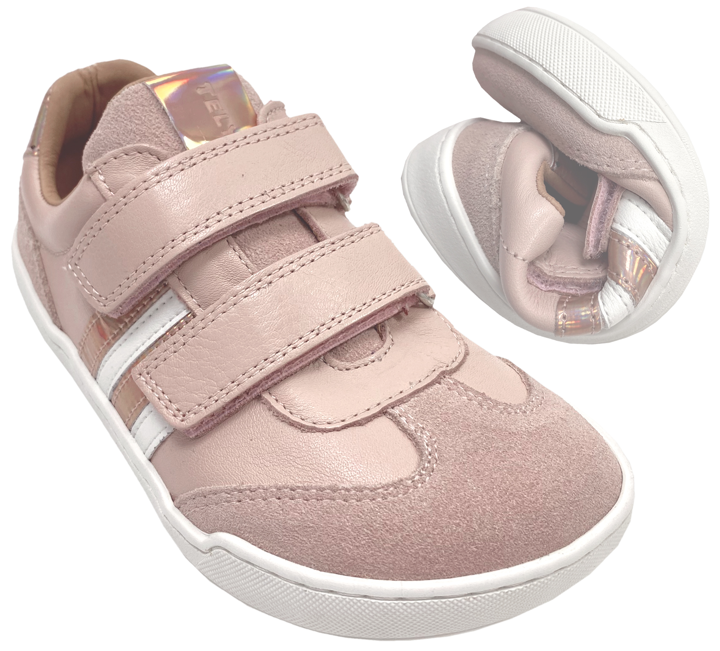 Leder Sneaker / Barfußschuhe + seitliche Zierstr. mit Doppelklett in Rosa + Glitzer von TELYOH Barefoot / Runner