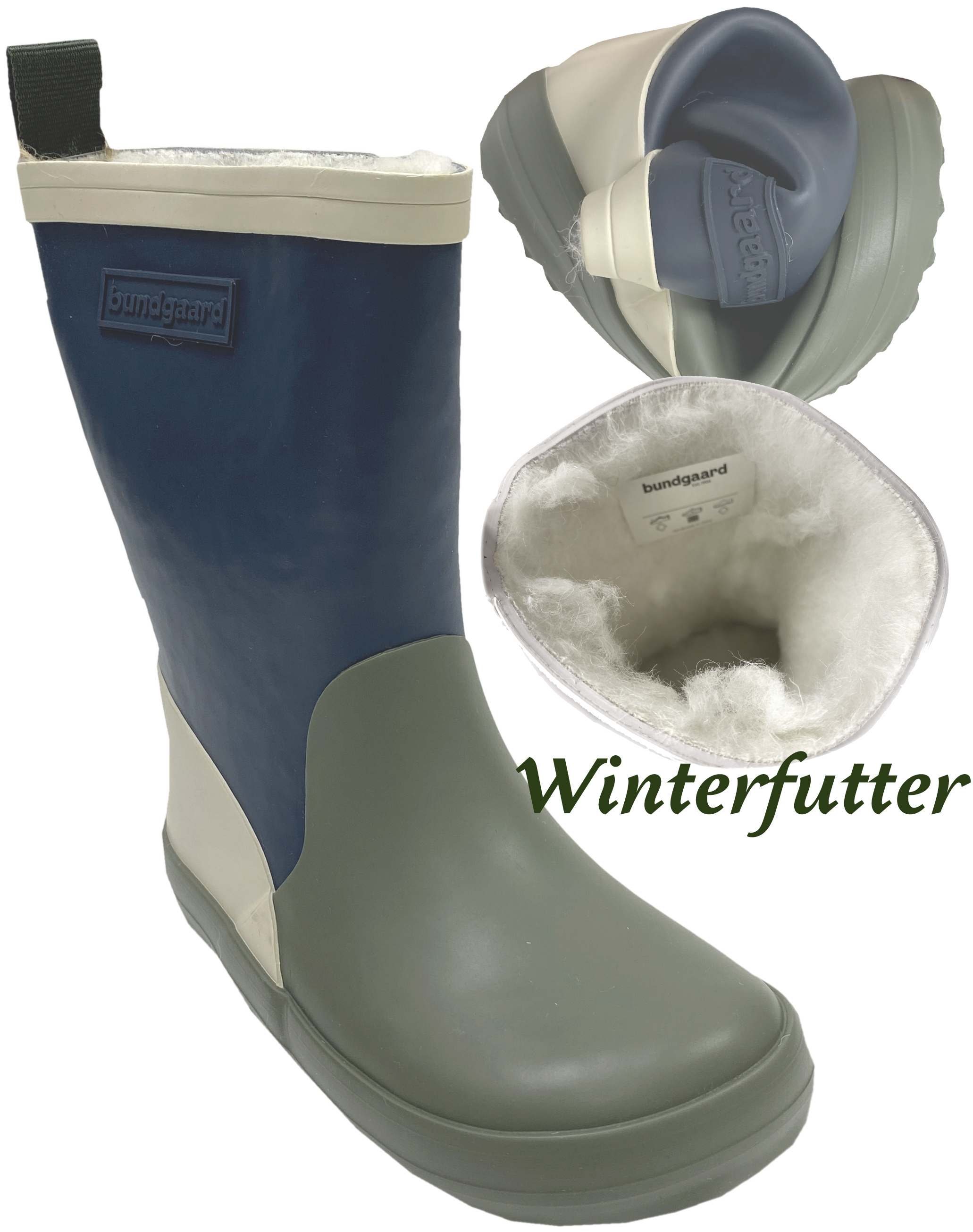 Barfuß Gummistiefel Naturkautschuk ASPEN mit Wollfutter von BUNDGAARD Marine / Army Block