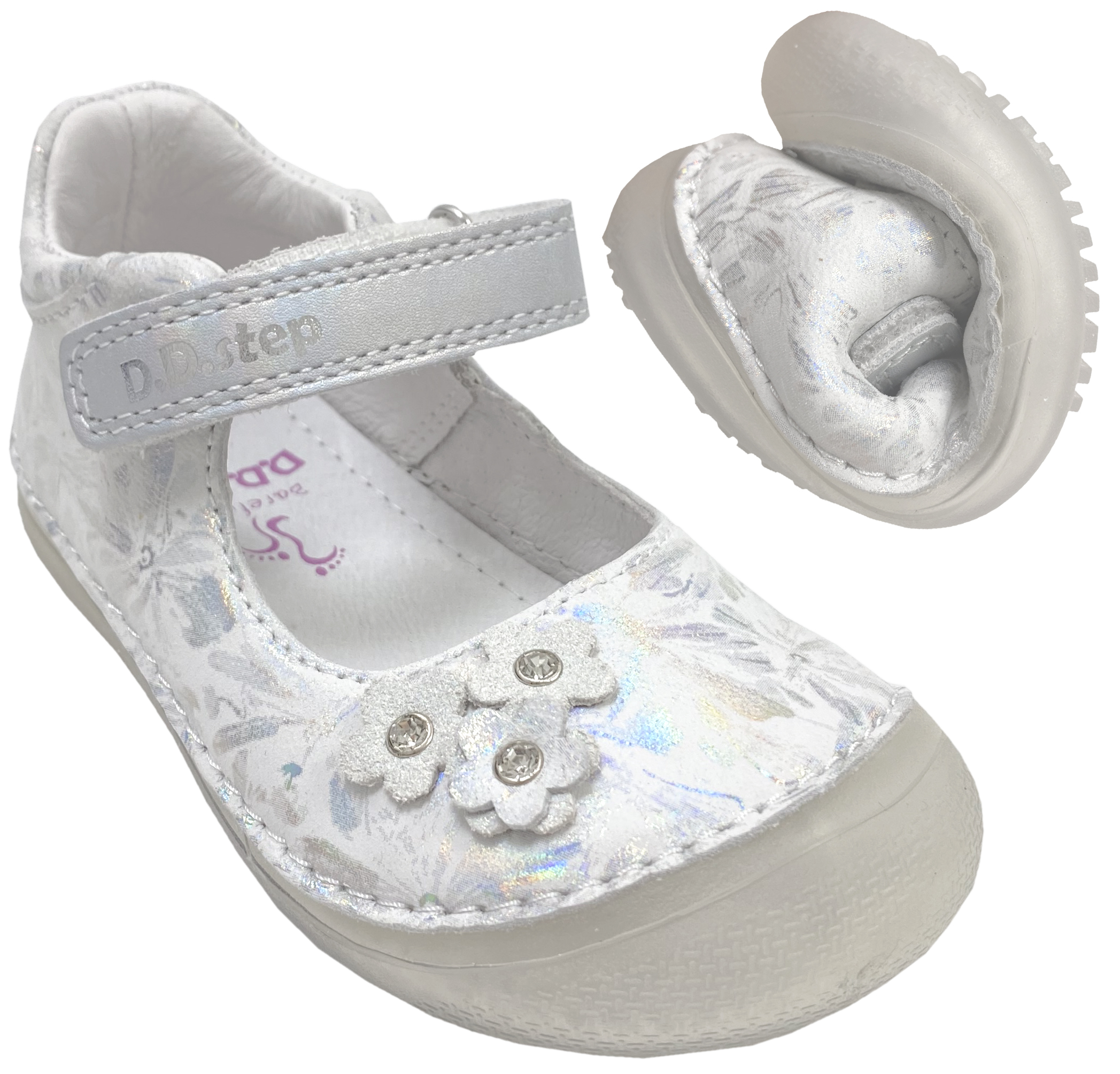 Leder Ballerina in Weiß / Silber Glitzer mit Klettriemen Minimalschuhe / Barfußschuhe von D.D.Step Barefoot