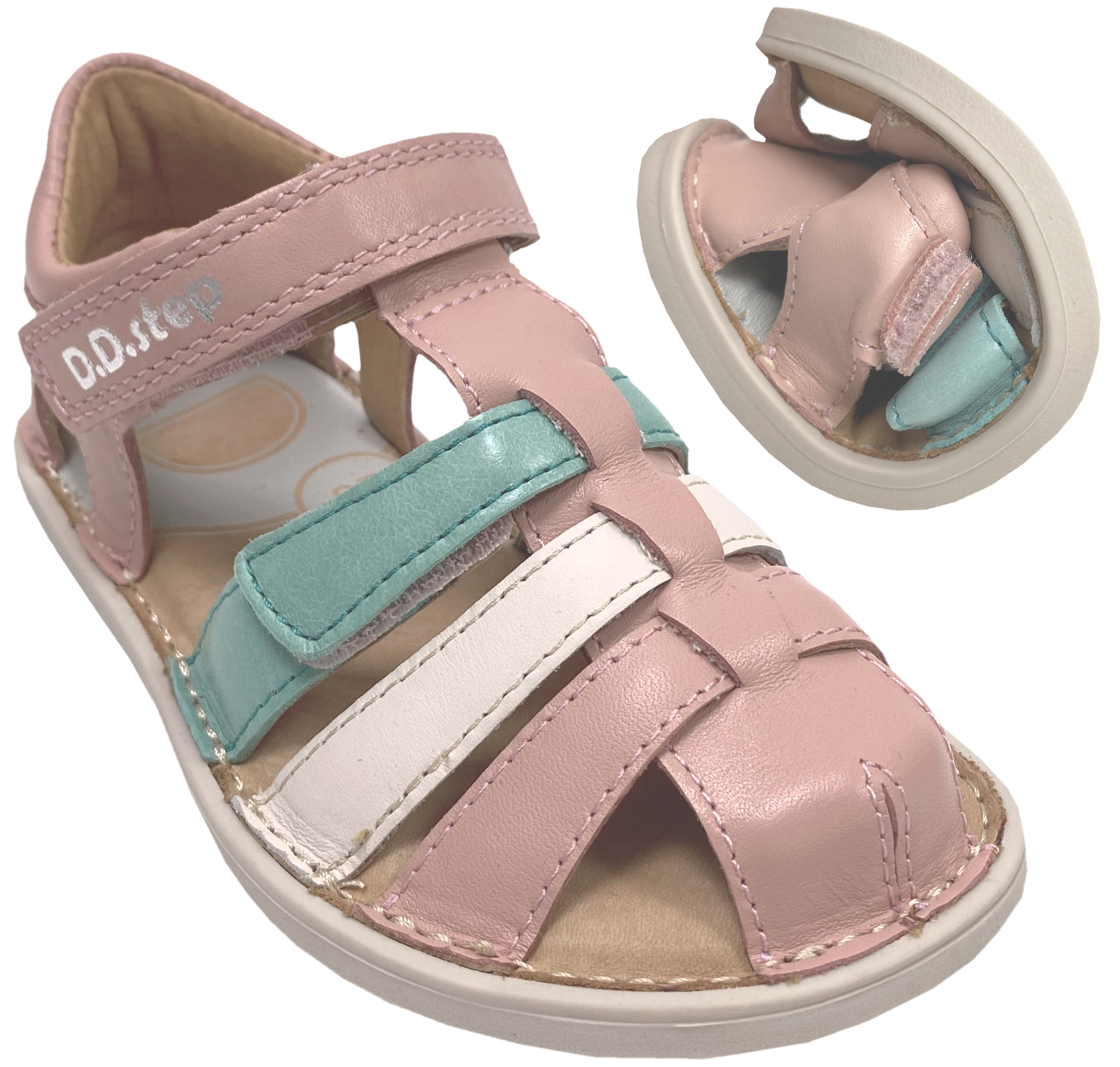 Leder Riemchen Sandalen Barfußschuhe, Zehen & Fersenschutz von D.D.Step Barefoot in Pink Bunt