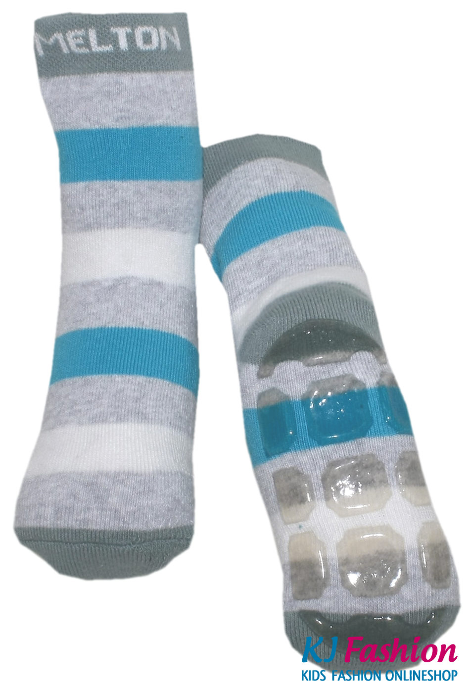 Schlichte Stoppersocken aus BW Vollfrottee von MELTON * Stripe Grau / Türkis * 210023-130
