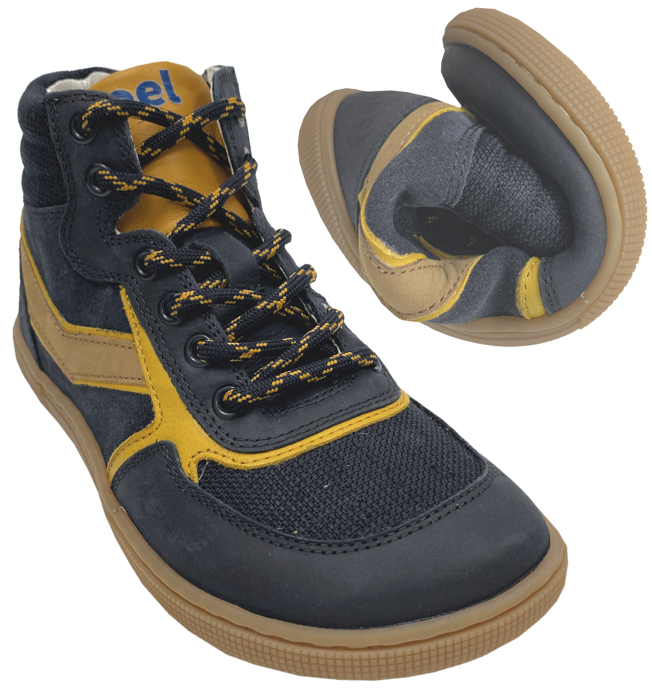 High Top Sneaker DANISH Nappa in Navy / Gelb Zipper & Schnürung KOEL Barefoot 08M028.301