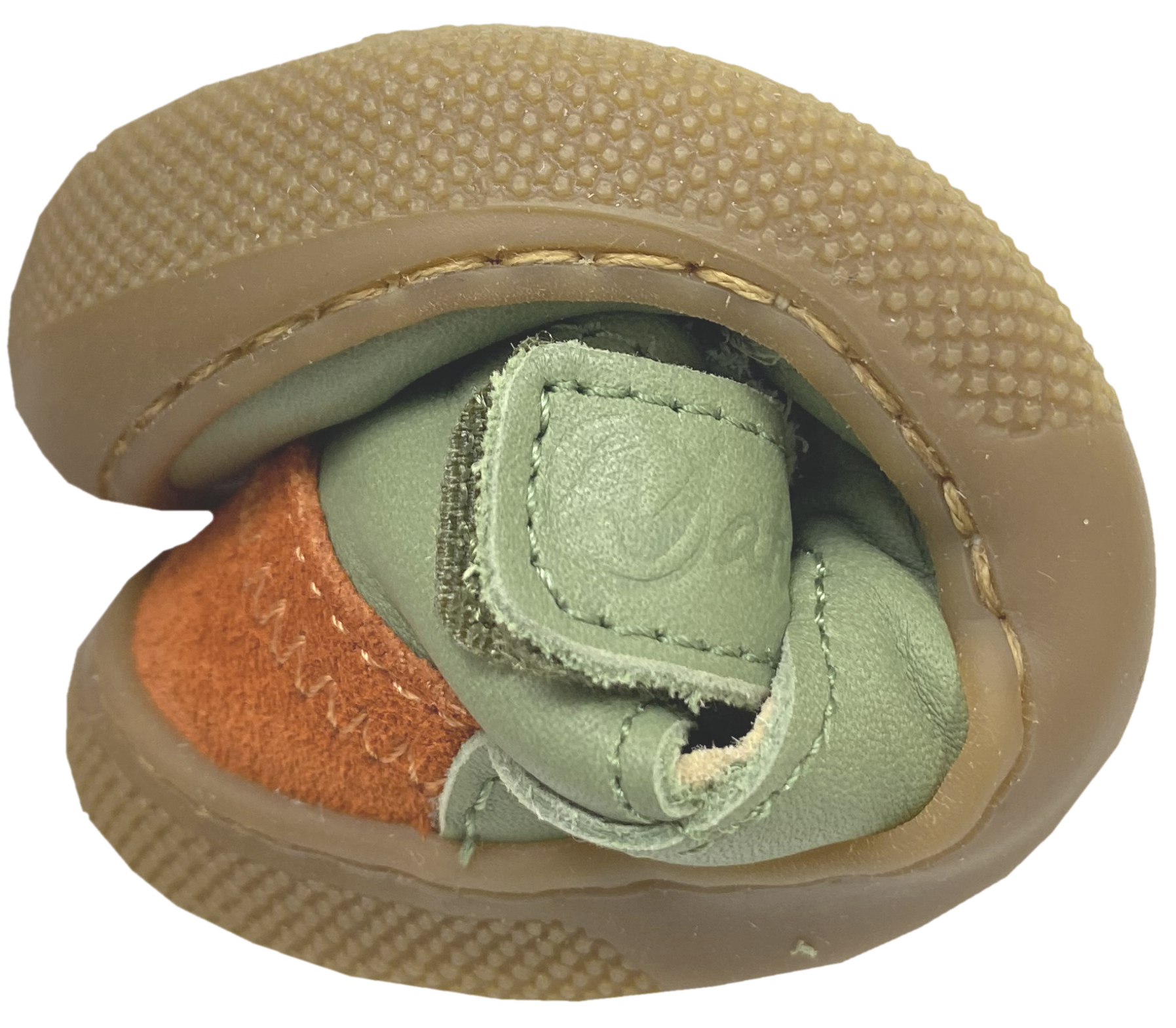 Halbsandale / Minimalschuhe aus Leder mit Doppelklett von NATURINO Barefoot "IRTYS" in Leaf (Grün Ton)- Orange