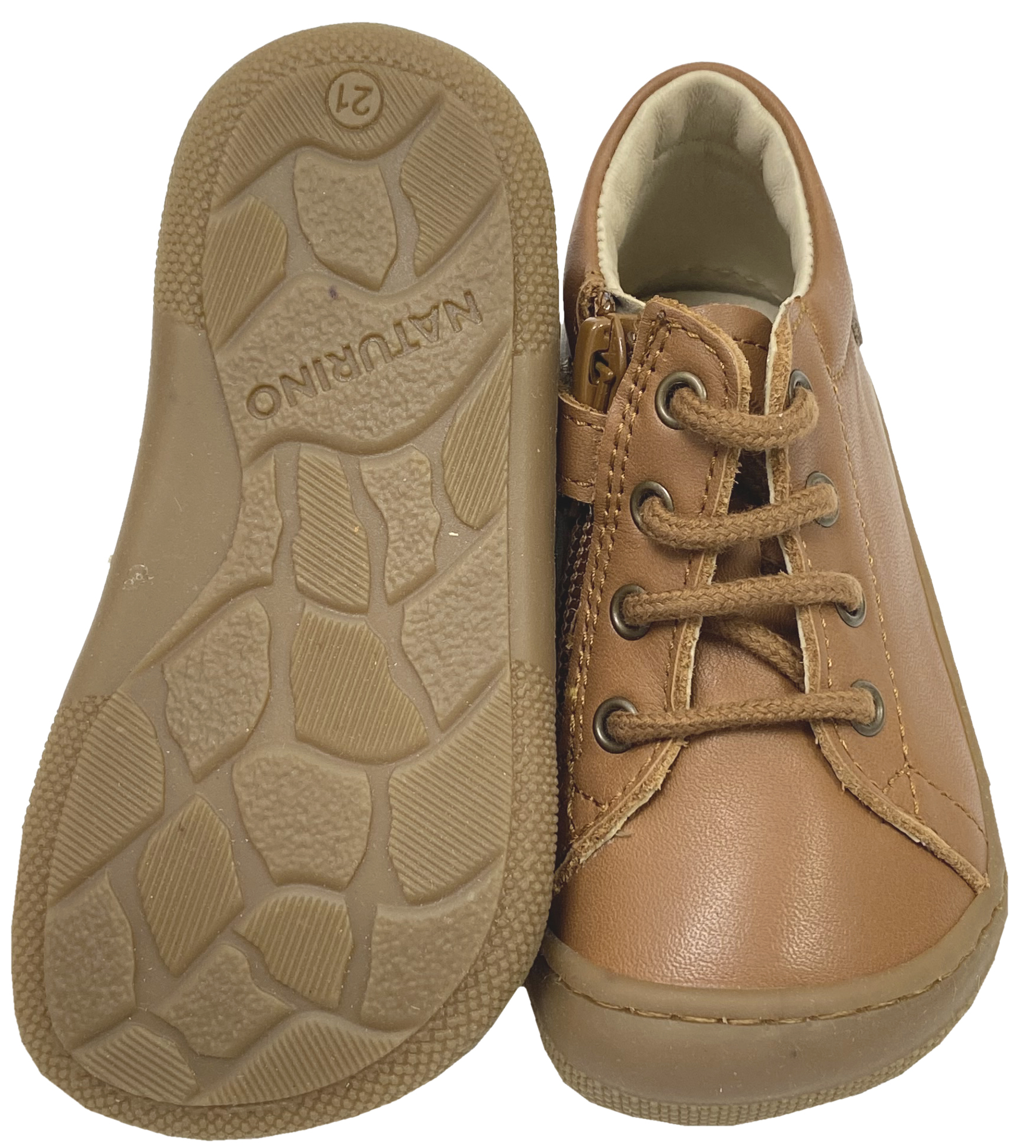 Lederschuhe mit Schnürung & Zipper aus weichem Leder von NATURINO Barefoot * Amur in Cognac *