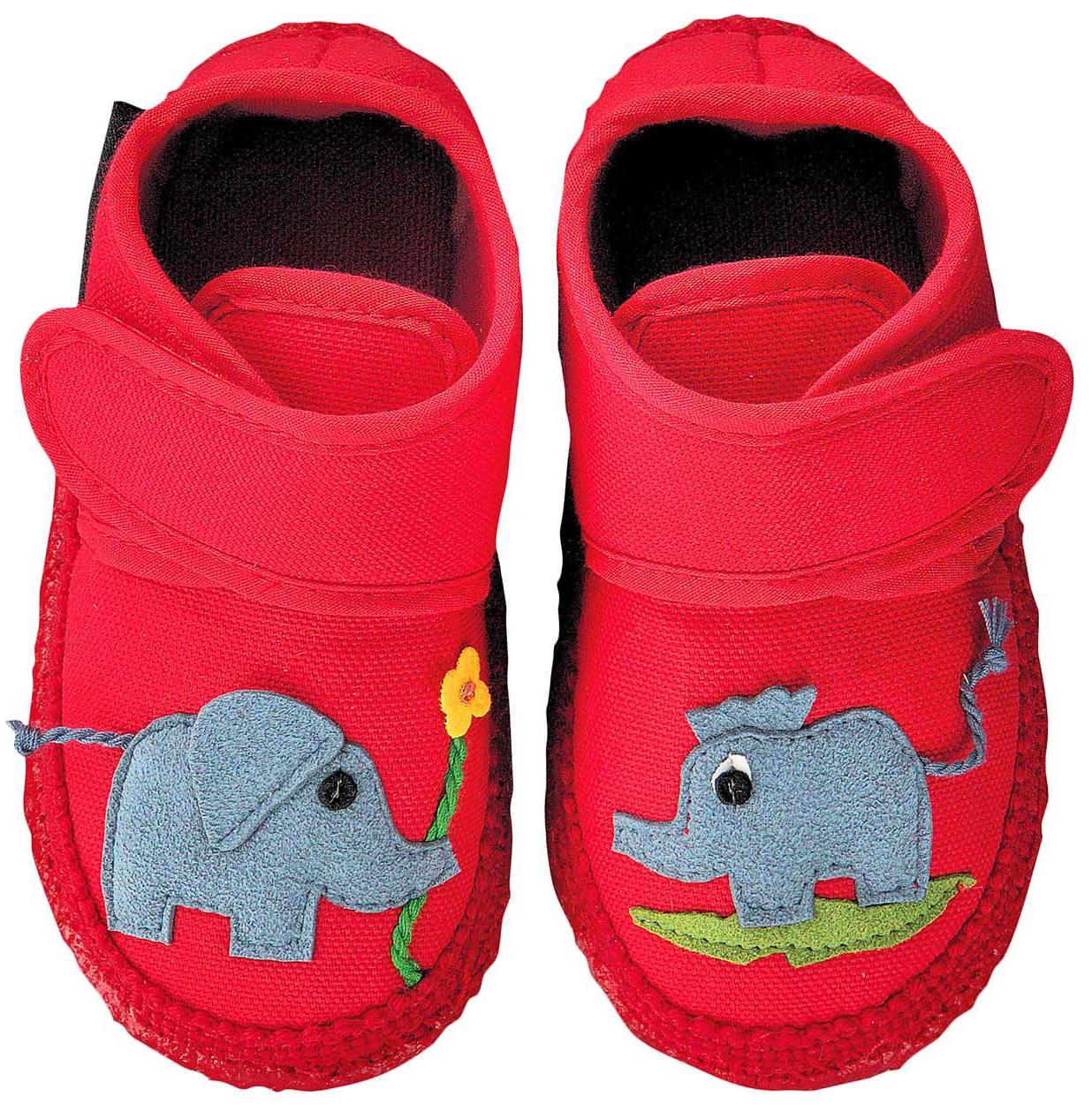 Weiche, flexible Hausschuhe mit Klett aus Baumwolle + Naturgummi Sohle NANGA  DUMBO in Rot