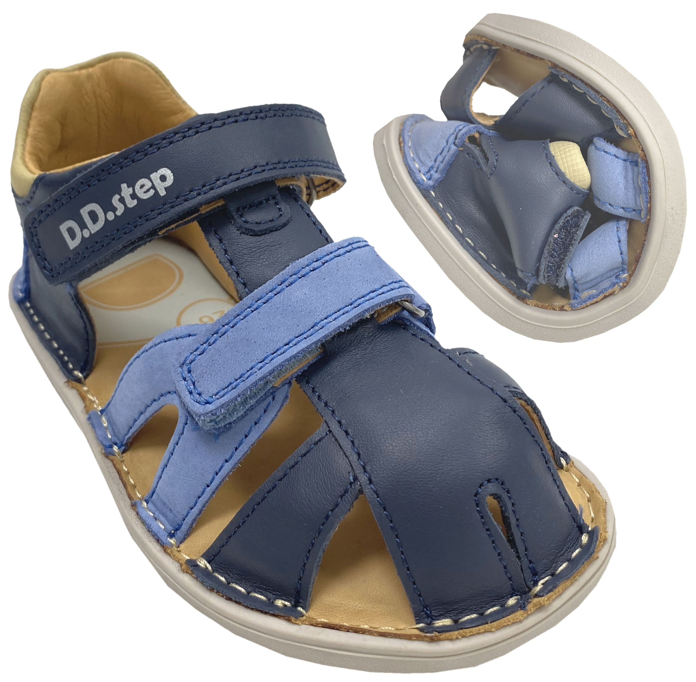 Riemchensandale / Barfuß Halbsandale aus Leder in Blau Tönen Zehen & Fersenschutz von D.D.Step Barefoot
