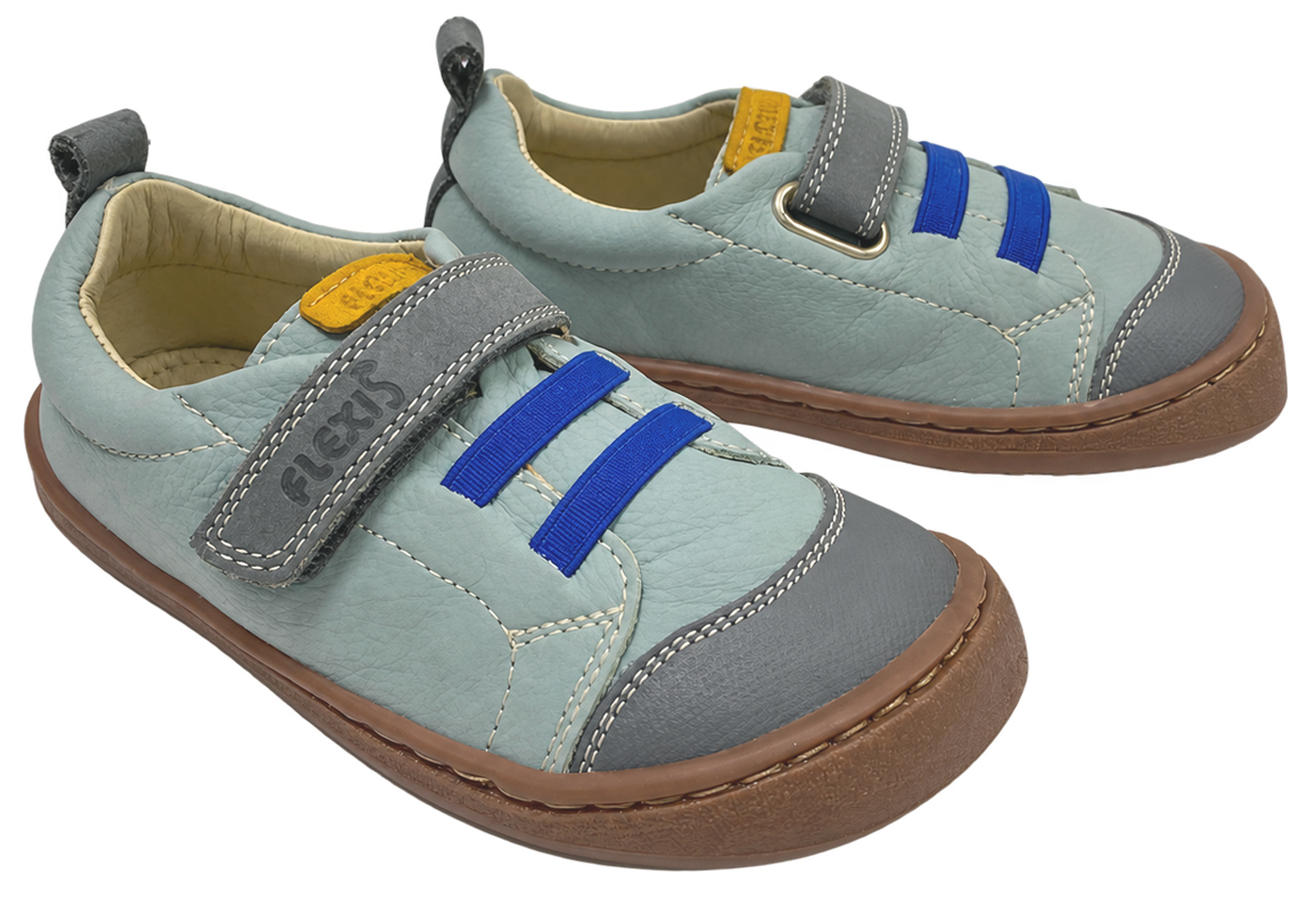 Leder Sneaker / Barfußschuhe von FLEXI NENS in Marengo / Jeansblau Klett & Zierschnürung 9005-R