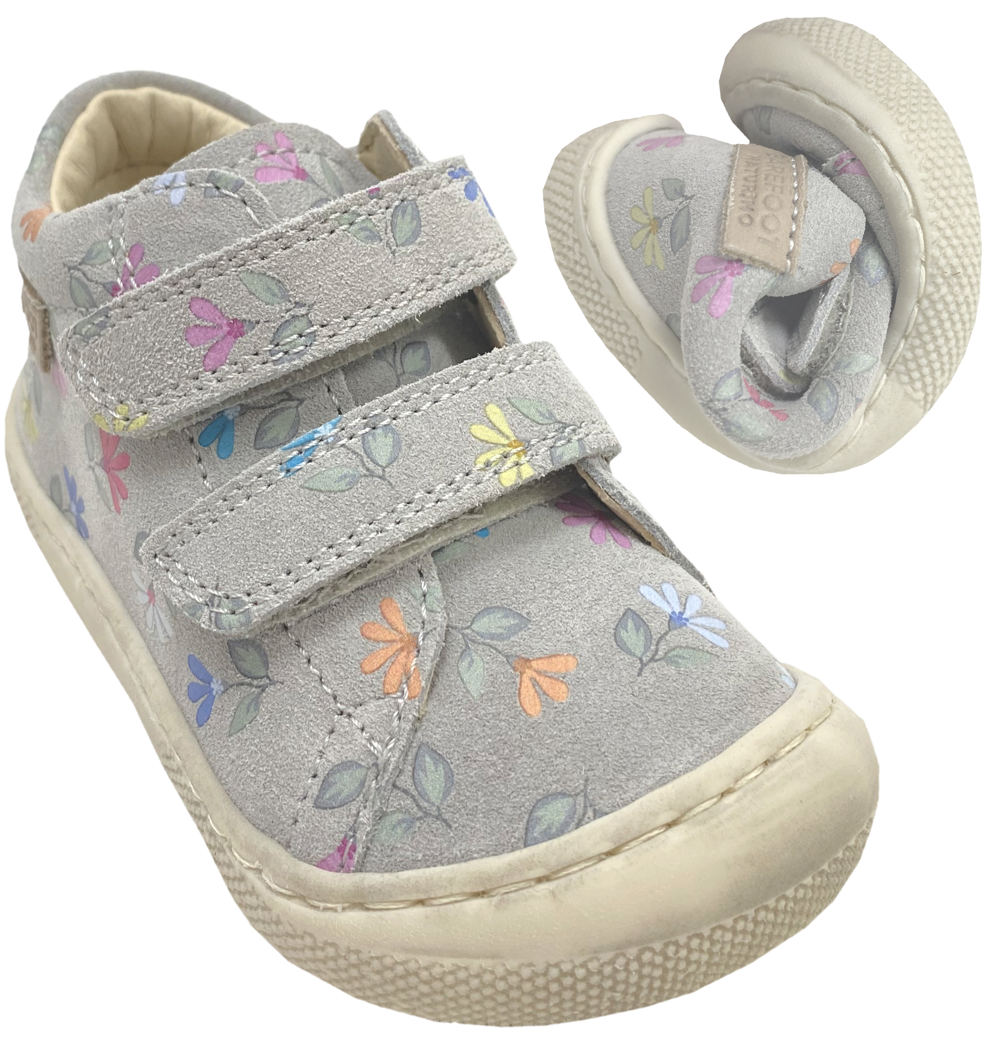 Barfußschuhe *AMUR * Suede Leder mit dezentem Flower Design auf Grey von NATURINO