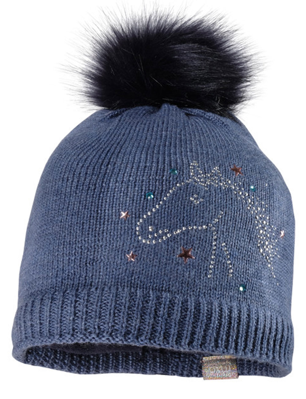 Strickmütze mit Bommel & Fleecefutter, Jeansblau, Straßsteine als Pferdekopf von MAXIMO 943176