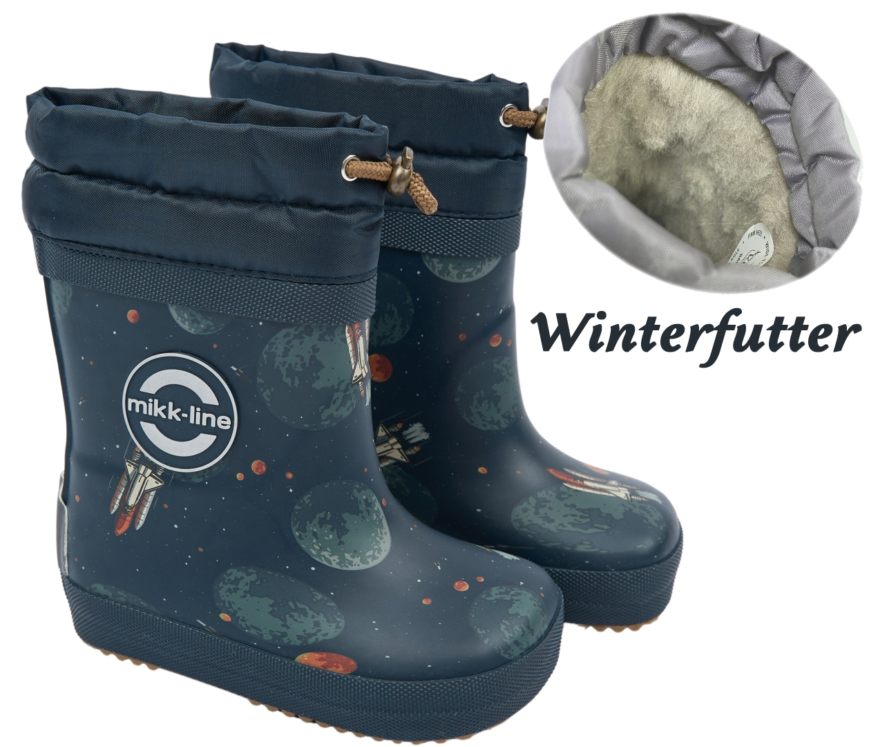 Barfuß Gummistiefel Winterfutter Wollmix Space auf Night Blue von MIKK LINE