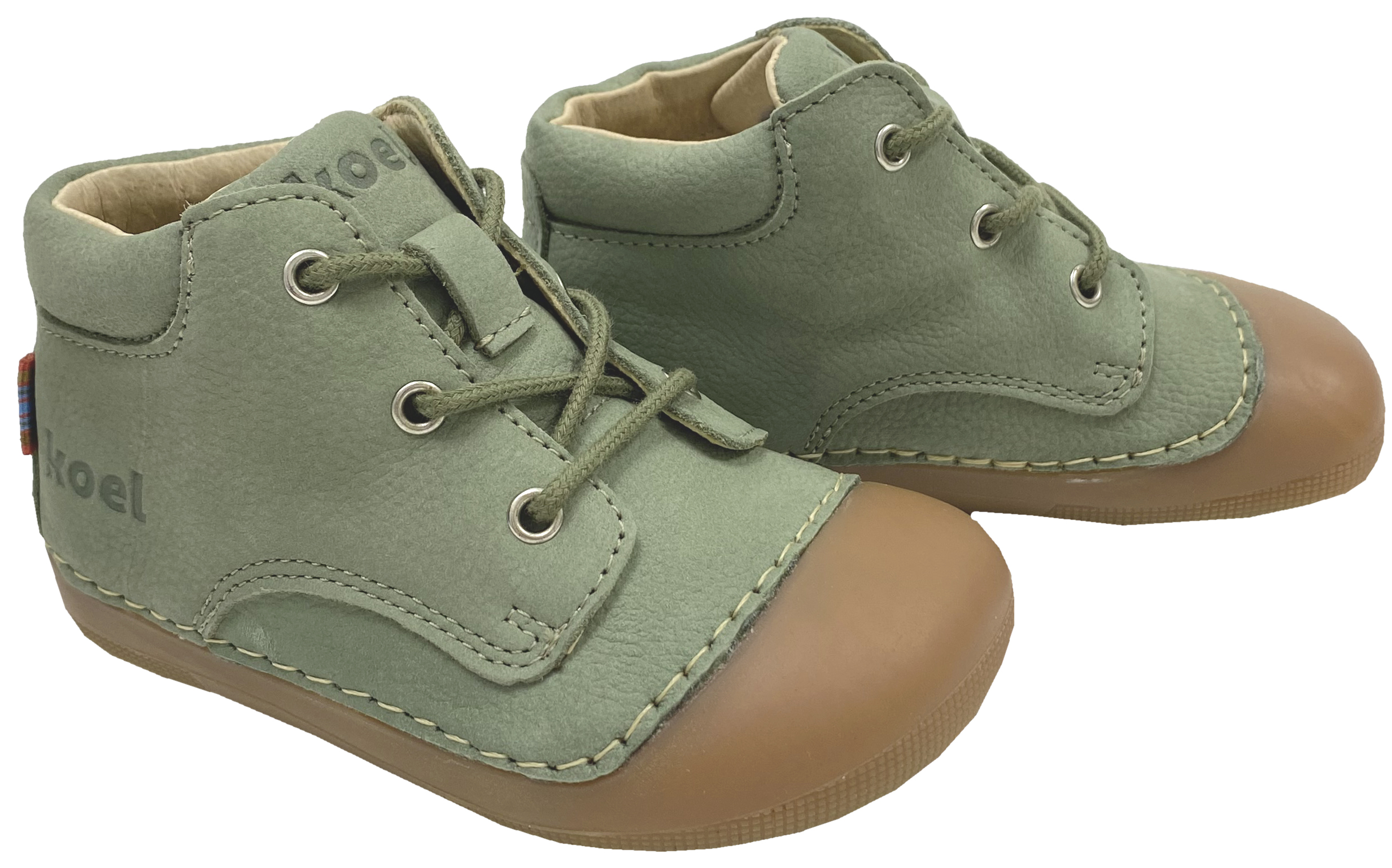 Knautschige Laufanfänger Barfußschuhe Hydro Leder in Oliv, Schnürer von KOEL Averiy 09M001.121