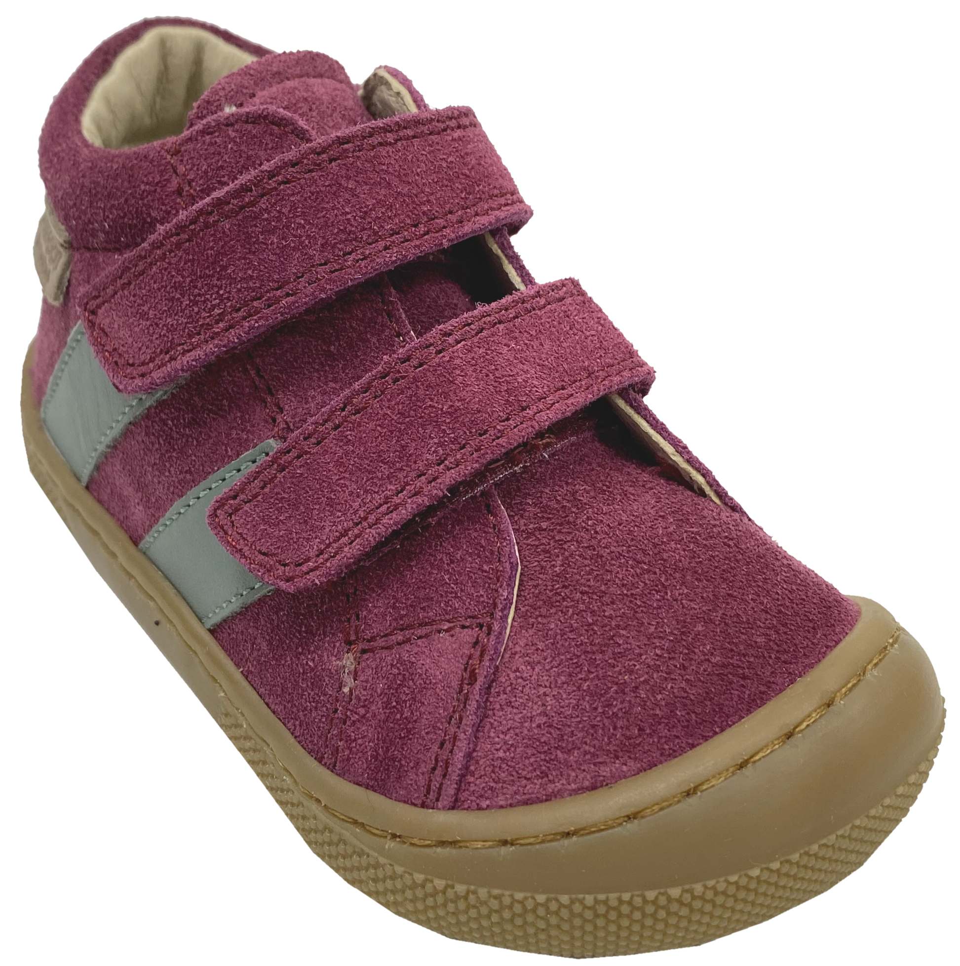 Knautschig weiche Barfußschuhe aus Suede Leder, Doppelklett NATURINO Barefoot * SABBY in Berry *