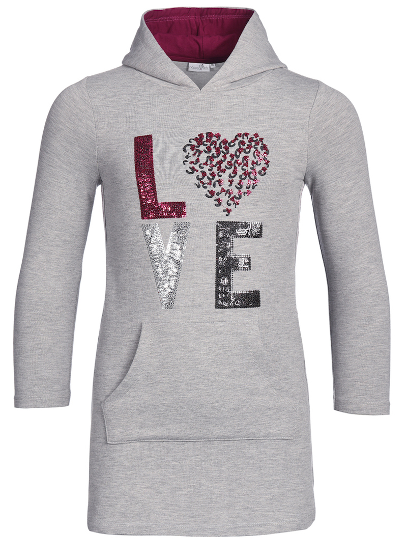 Graues Sweatkleid / Hoodie Kleid mit Kapuze, Pailletten Stick & Glitzerbesatz von HAPPY GIRLS 903176