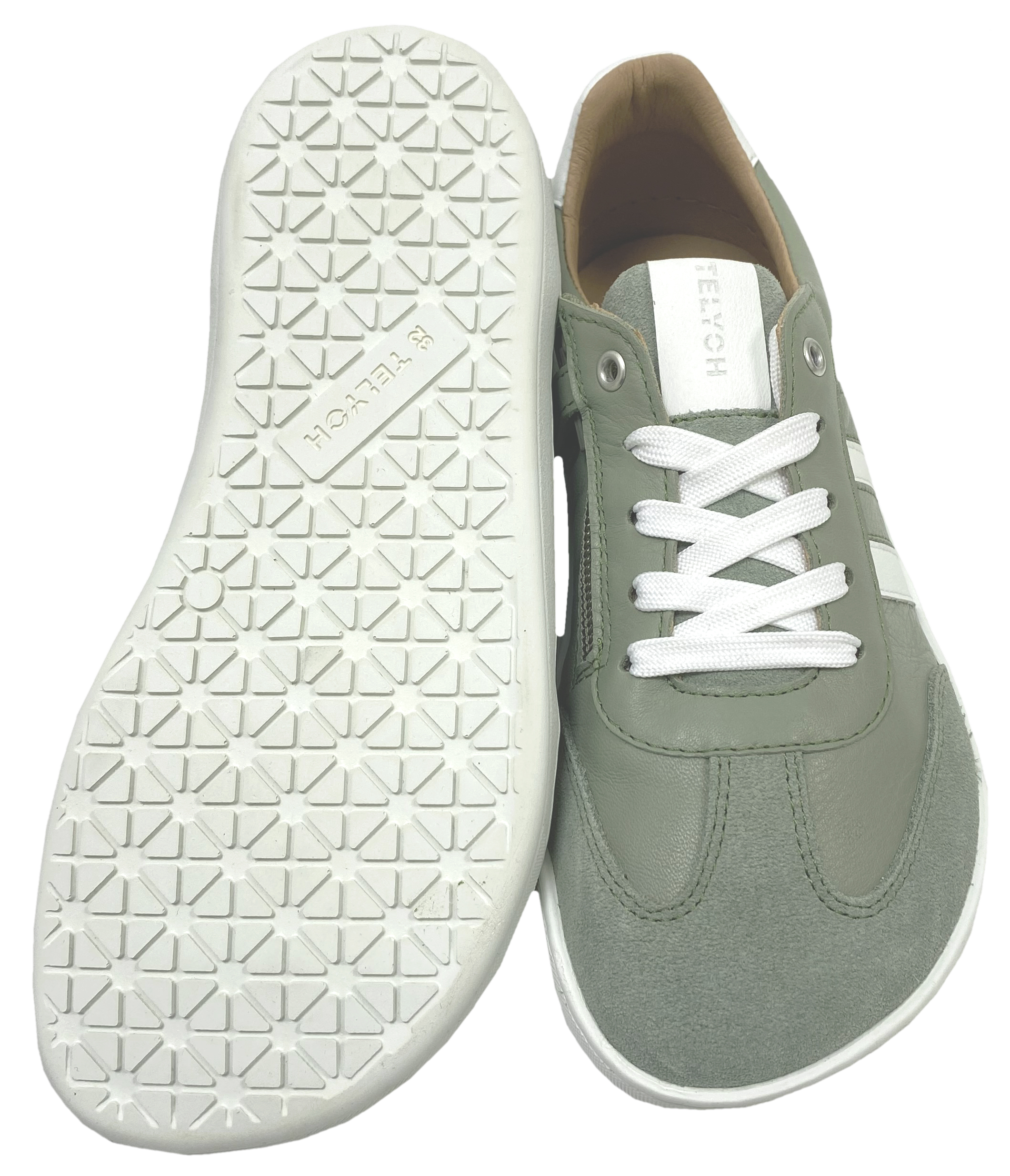 Leder Sneaker / Barfußschuhe + seitliche Zierstr. Schnürer & Zipper in Sage Grün / Weiß von TELYOH Barefoot / Runner