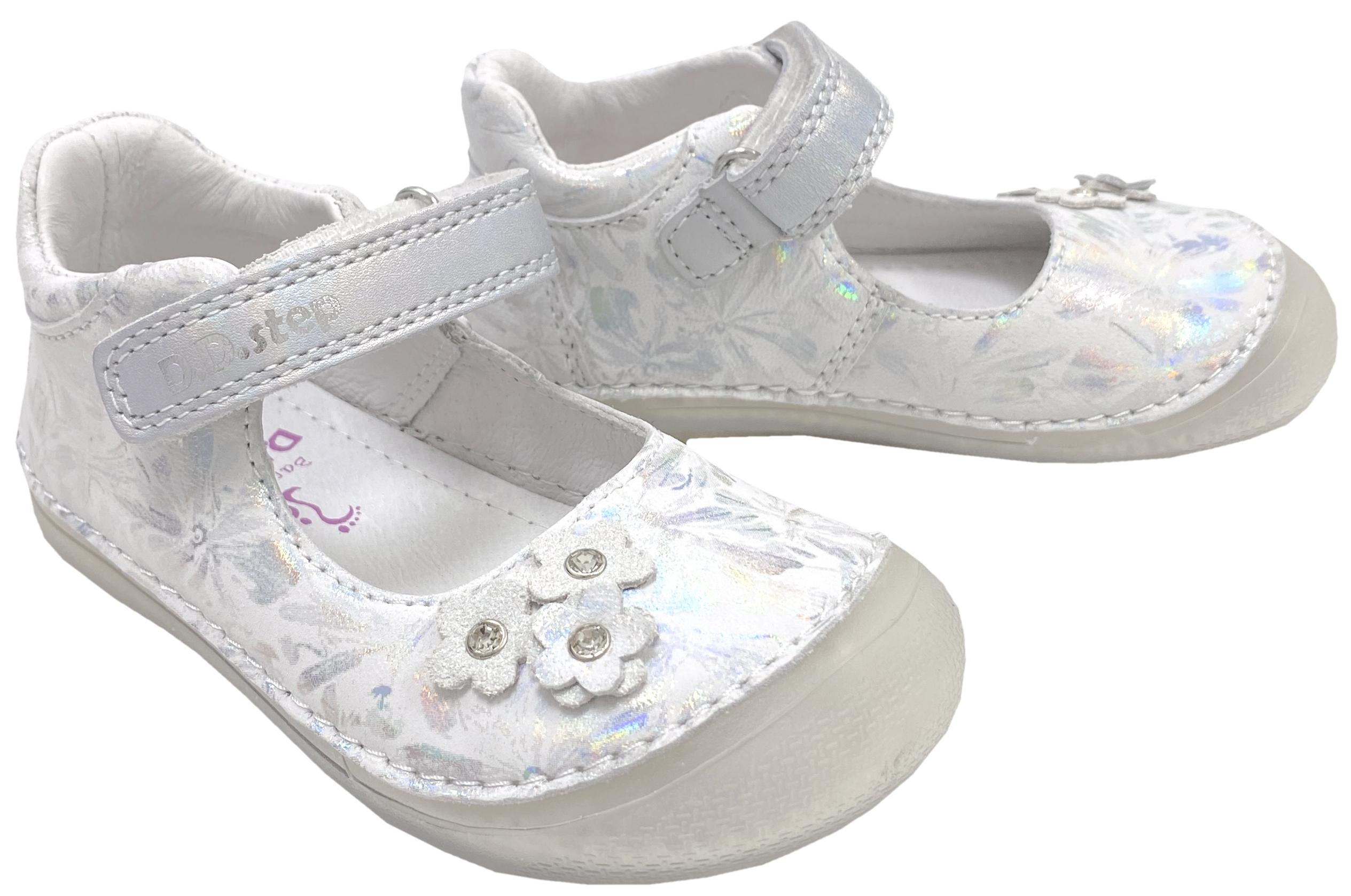 Leder Ballerina in Weiß / Silber Glitzer mit Klettriemen Minimalschuhe / Barfußschuhe von D.D.Step Barefoot