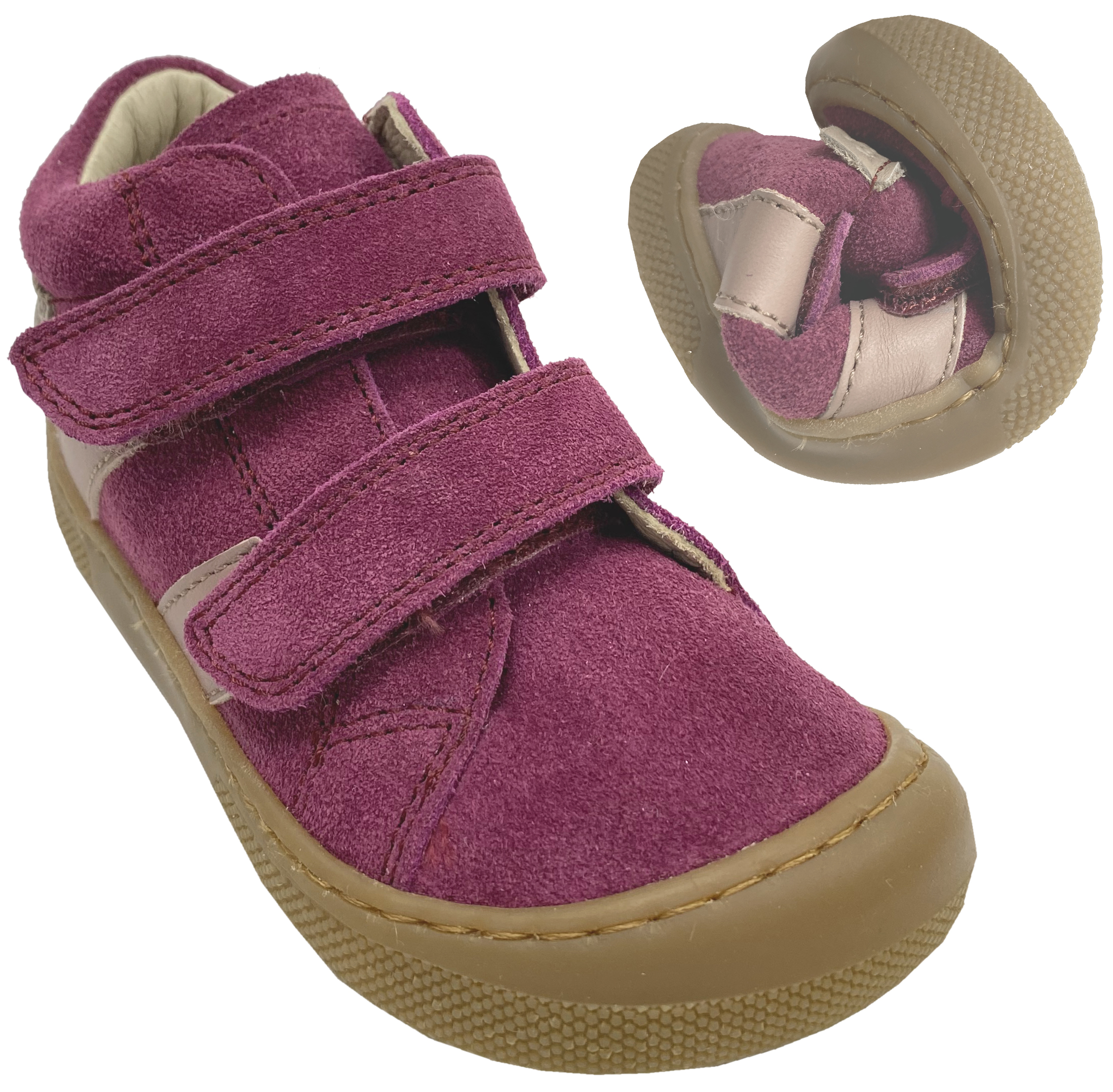 Barfußschuhe Suede Leder mit Glattleder Str. & Klett * SABBY * in Berry / Red Rose von NATURINO