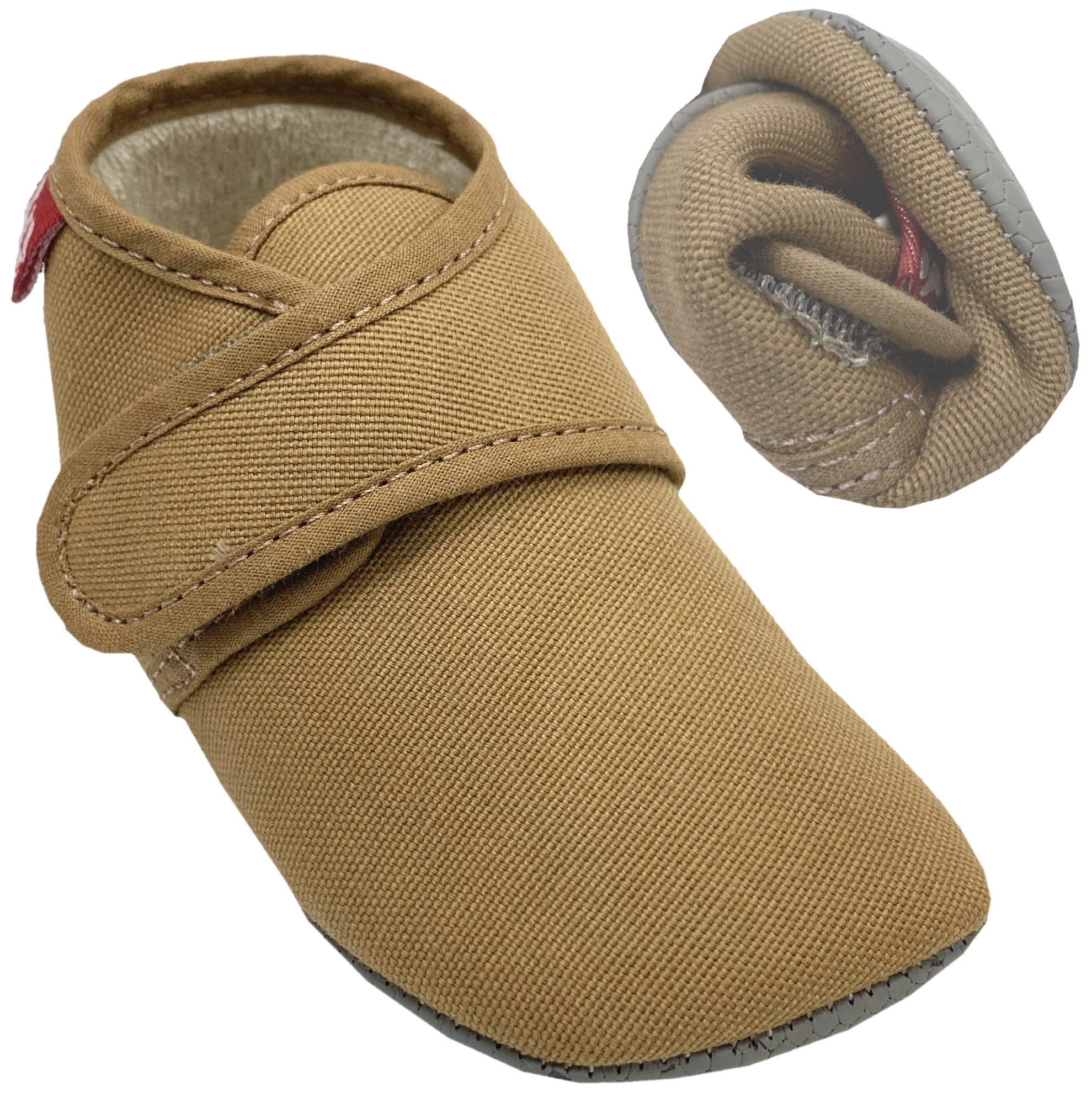 Knautschige Barfußhausschuhe mit Klett BIO BW + Anti Rutsch Sohle *Braun Uni* von POLOLO