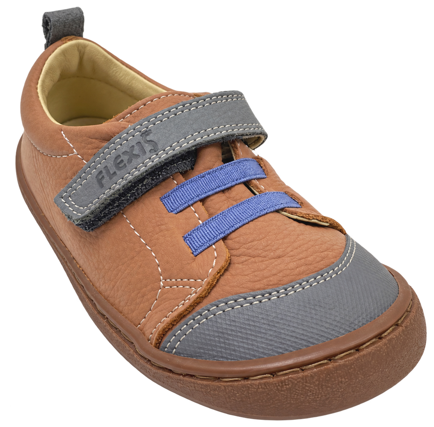 Leder Sneaker / Barfußschuhe von FLEXI NENS in Altrose Caramell / Jeansblau mit Klett & Zierschnürung 9005-R